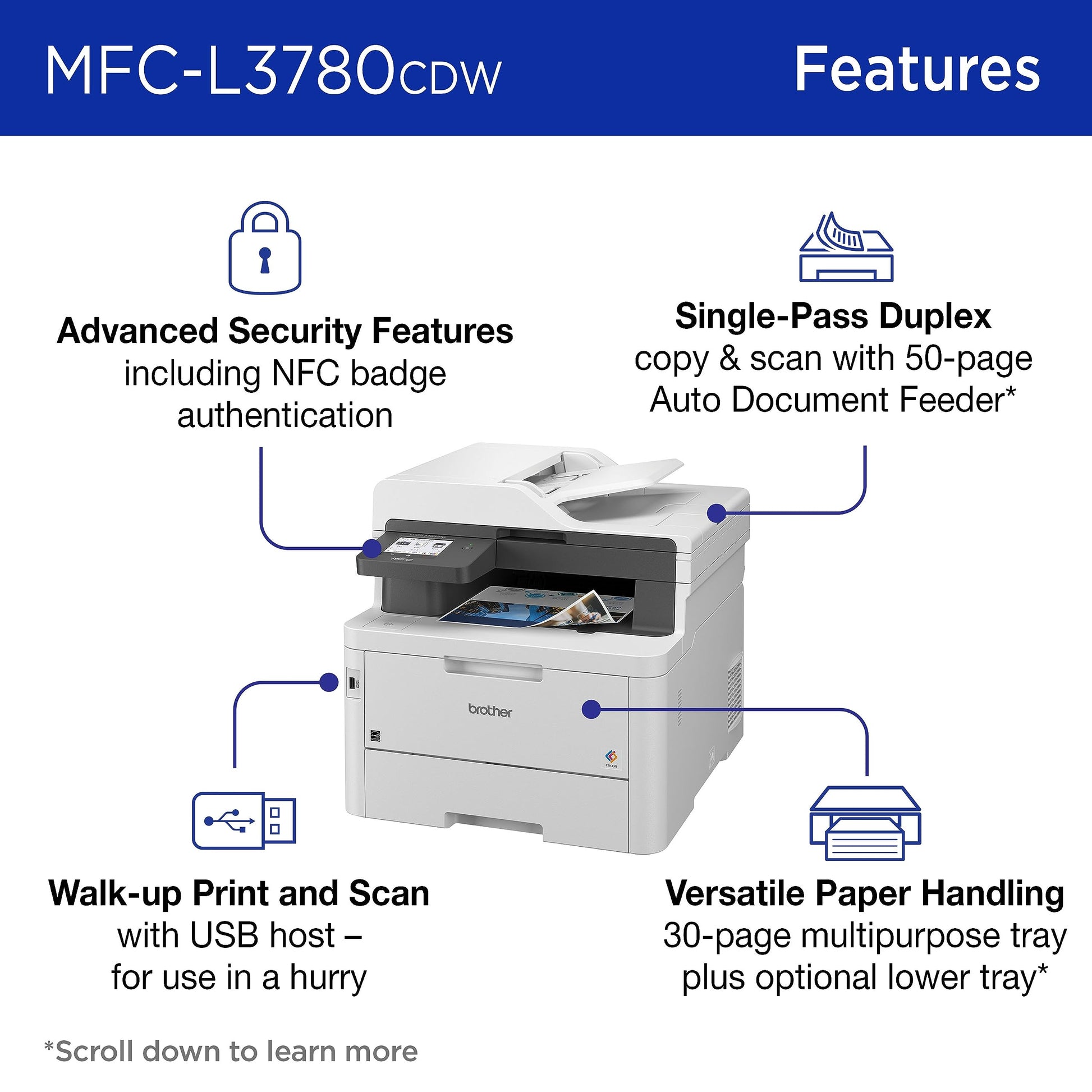 Brother MFC-L3780CDW Impresora Digital inalámbrica en Color Todo en uno con Salida de Calidad láser, Copia y escaneo dúplex de una Sola pasada, Incluye Prueba de suscripción de actualización de 4