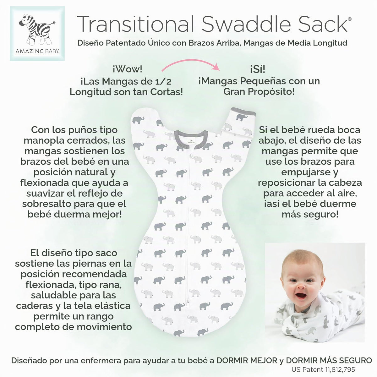Increíble saco de transición para bebé, mangas de media longitud y puños de manopla para la transición del recién nacido al saco de dormir del bebé, manta portátil, Lrg, 6-9 meses, 20-22 libras, rosas