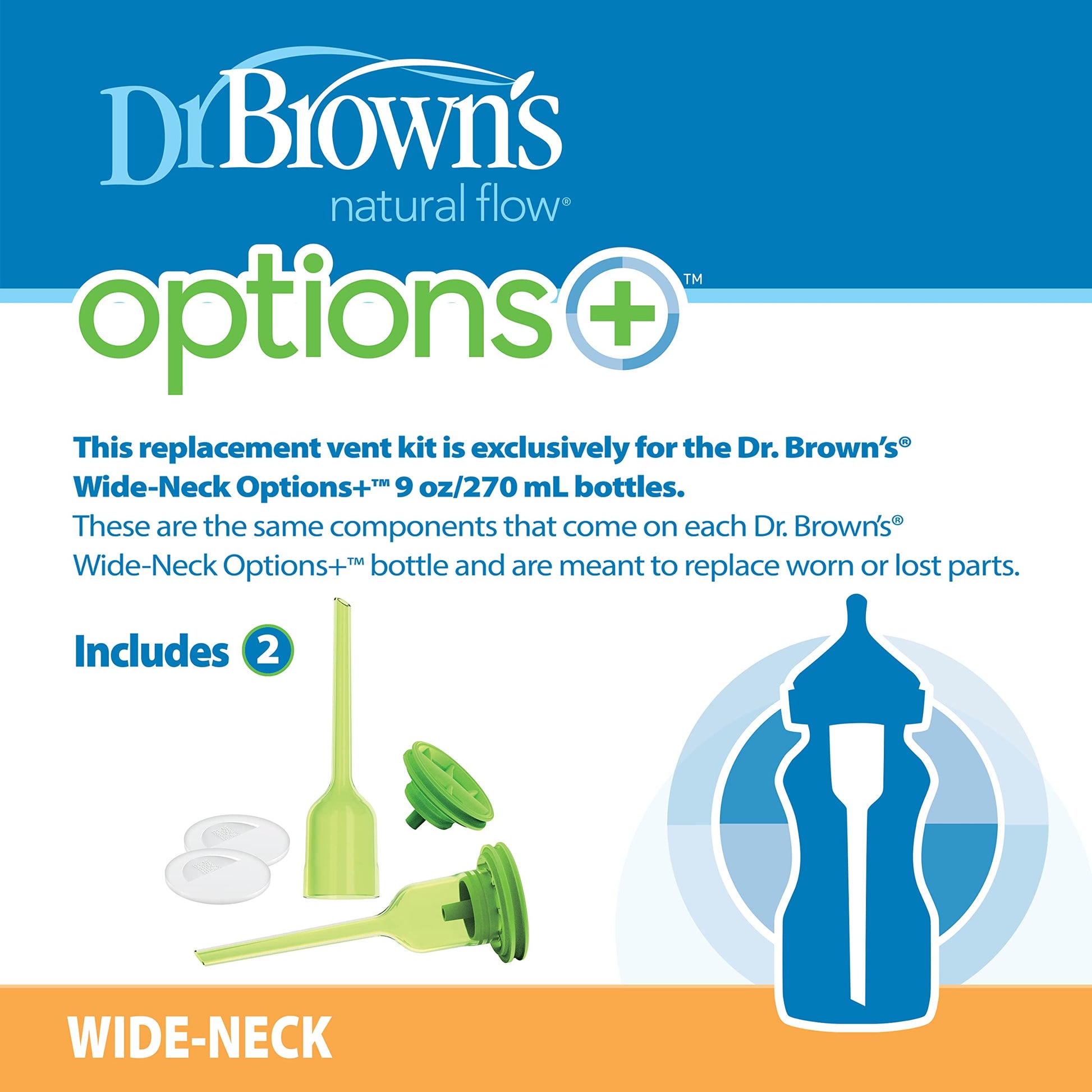 Dr. Brown's Natural Flow Options+Kit de ventilación de repuesto, cuello ancho, 2 unidades (paquete de 1) (se adapta a opciones + botellas de 9 oz/270 ml)