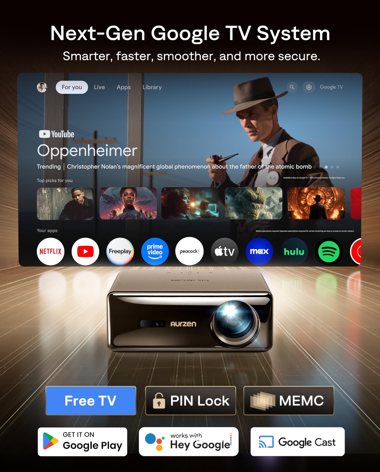 Aurzen EAZZE D1 MAX - Proyector inteligente de Google TV actualizado compatible con 4K, ultra brillante 1000 lúmenes ANSI, tecnología MEMC, totalmente automático, audio DoIby de 20 W, proyector de