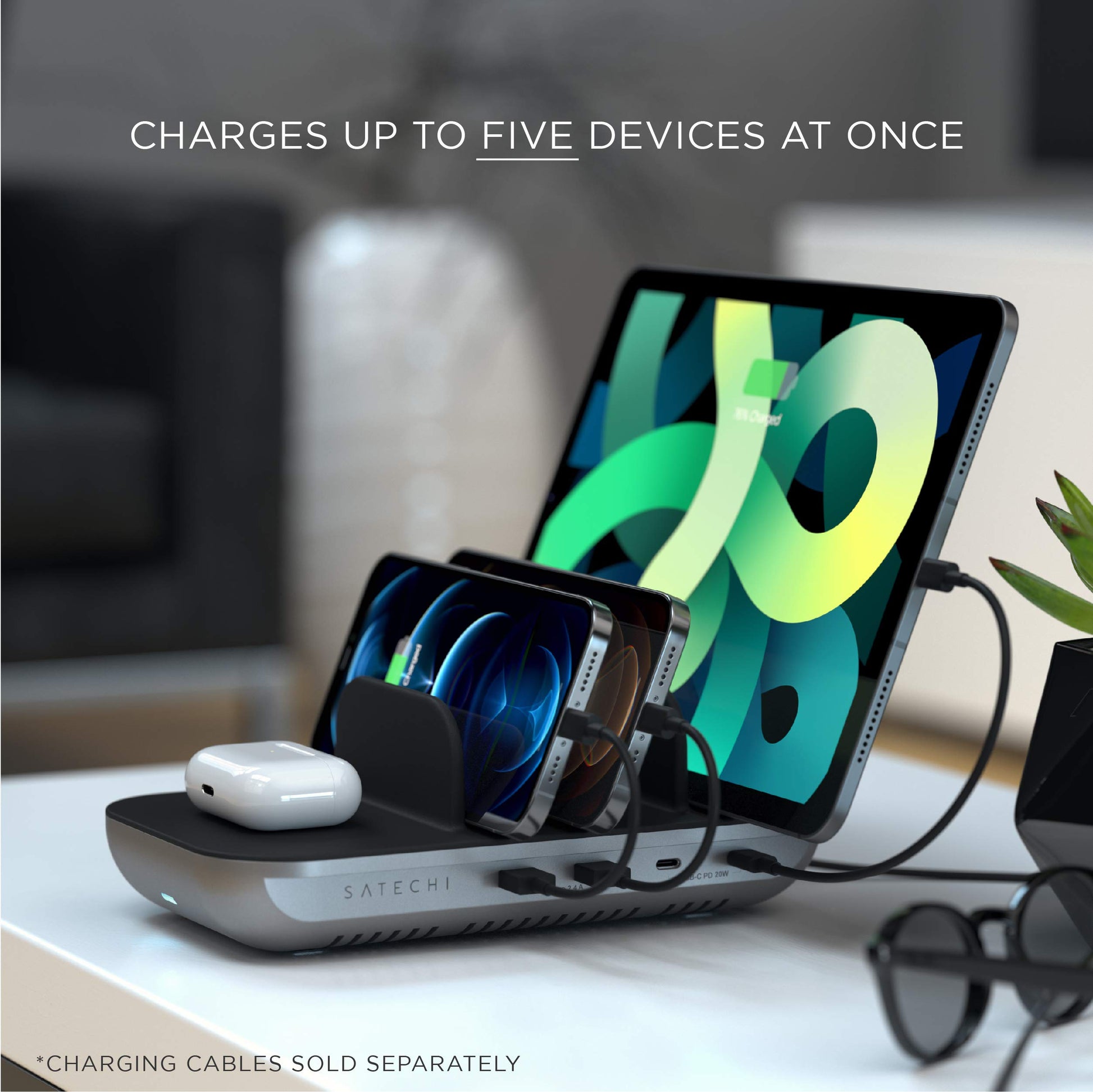 SATECHI Dock5 Estación de Carga Multi Dispositivos con Carga Inalámbrica - Cables por Separado - para M2/ M1 iPad Pro/Air, iPhone 15 Pro Max/15 Pro/15/15 Plus, iPhones 14/13/12/11, AirPods 2/1