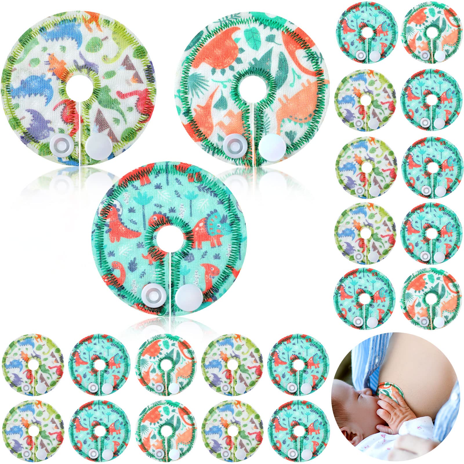 Breling Paquete de 24 almohadillas de algodón para apoyo de alimentación almohadillas de alimentación de dinosaurio almohadillas en forma de G, fundas de botón para cuidado de enfermería (dinosaurio)