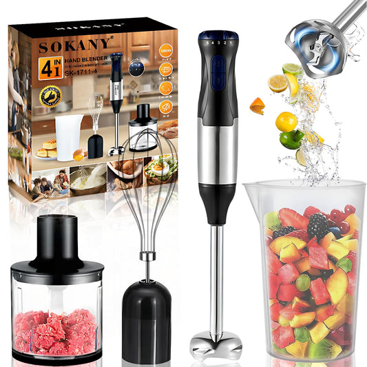 Batidora de Mano 4 en 1 de acero inoxidable,Batidora Turbo de Inmersión 1000W Con 5 Velocidades, Con Picadora de 500 ml, Batidora de Huevo, Licuadora, Vaso Medidor de 700ml
