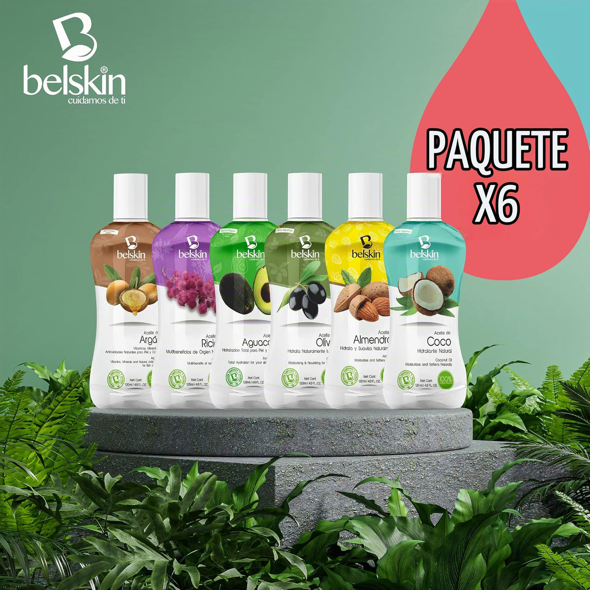 BELSKIN Pack 6 Aceites Naturales 120ml c/u | Almendras, Coco, Ricino, Olivo, Argán, Aguacate | Para Rostro, Cuerpo y Cabello
