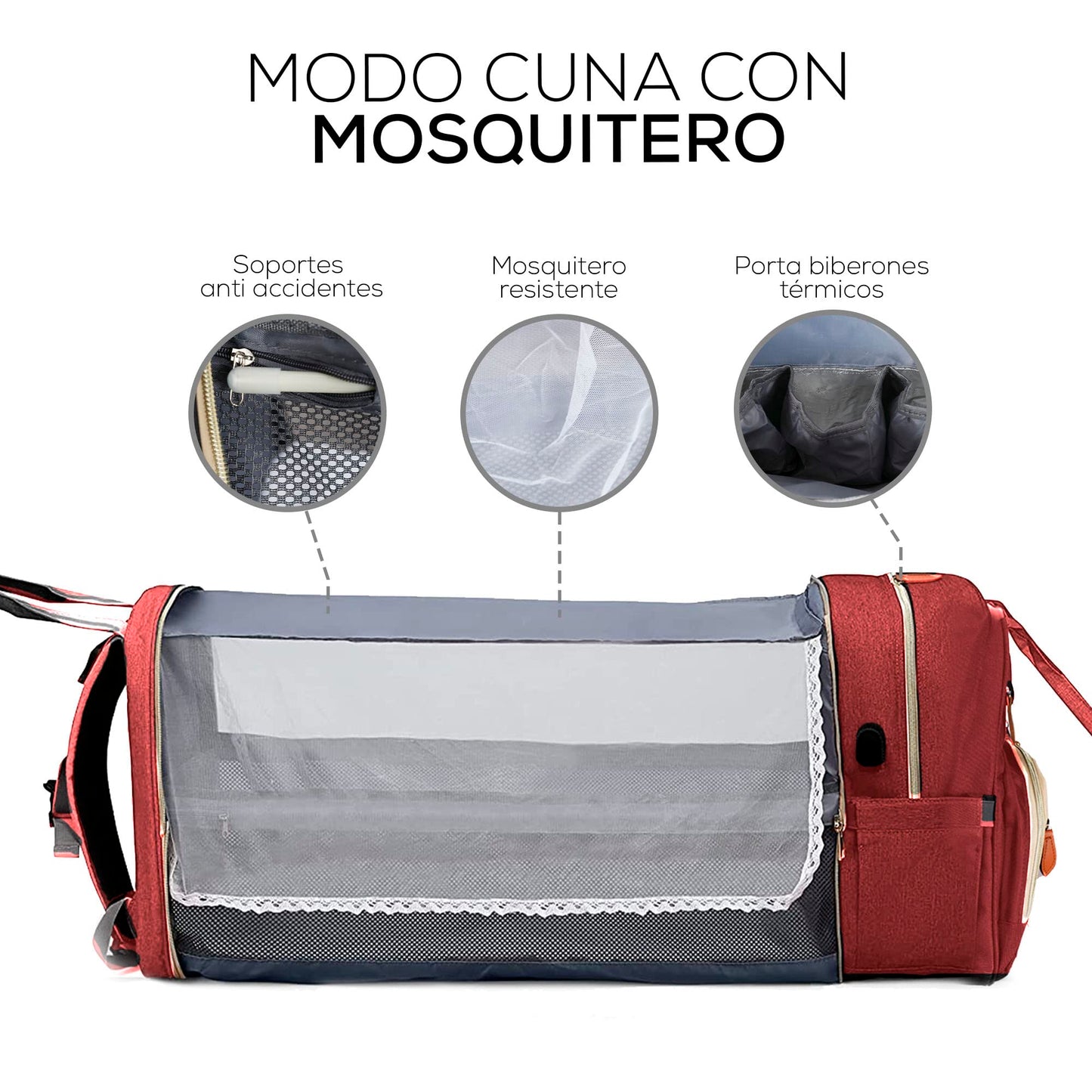 Mochila Pañalera Multifuncional de Gran Capacidad para Bebe | Cuna Convertible Impermeable con Cambiador Plegable … (Rojo.)-#11001000141301010502#