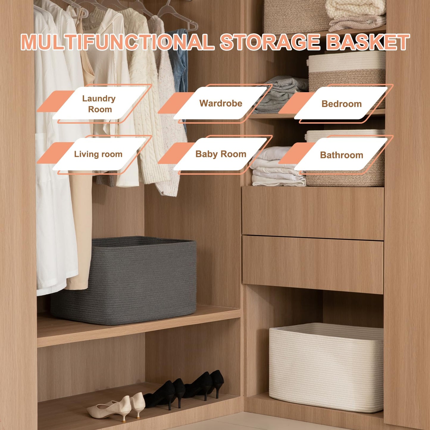OIAHOMY Cesta de almacenamiento rectangular grande, 22 x 17 x 12 pulgadas, cesta de manta tejida para lavandería, sala de estar, guardería, recámara, cestas de juguetes, cubos organizadores, gris