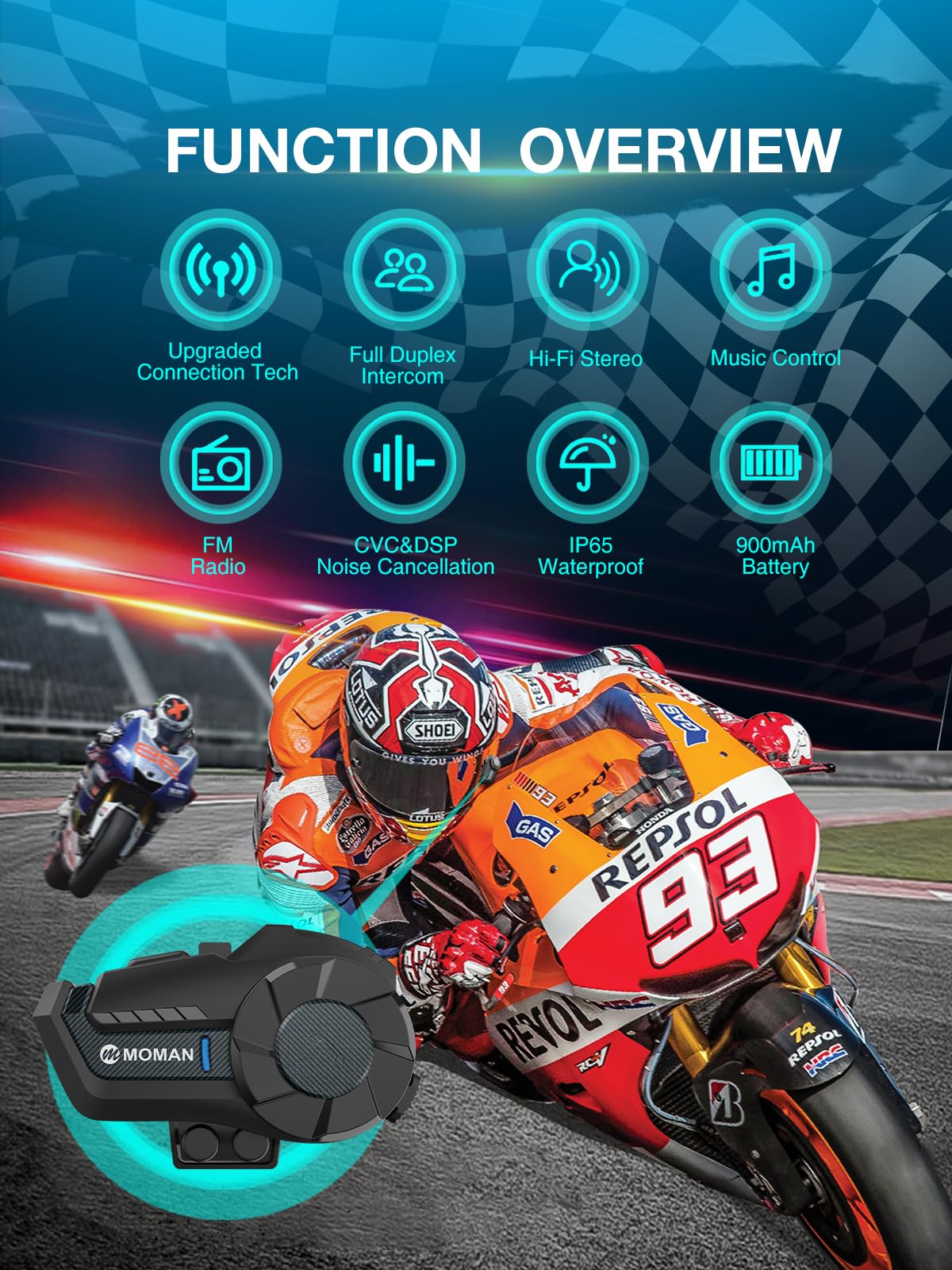 Moman - Intercomunicador para motocicleta, H2 Pro, 2 unidades de fibra de carbono: intercomunicador de motocicleta de 2 vías de 1000 m, DSP y CVC, sistema de comunicación, sistema de comunicación