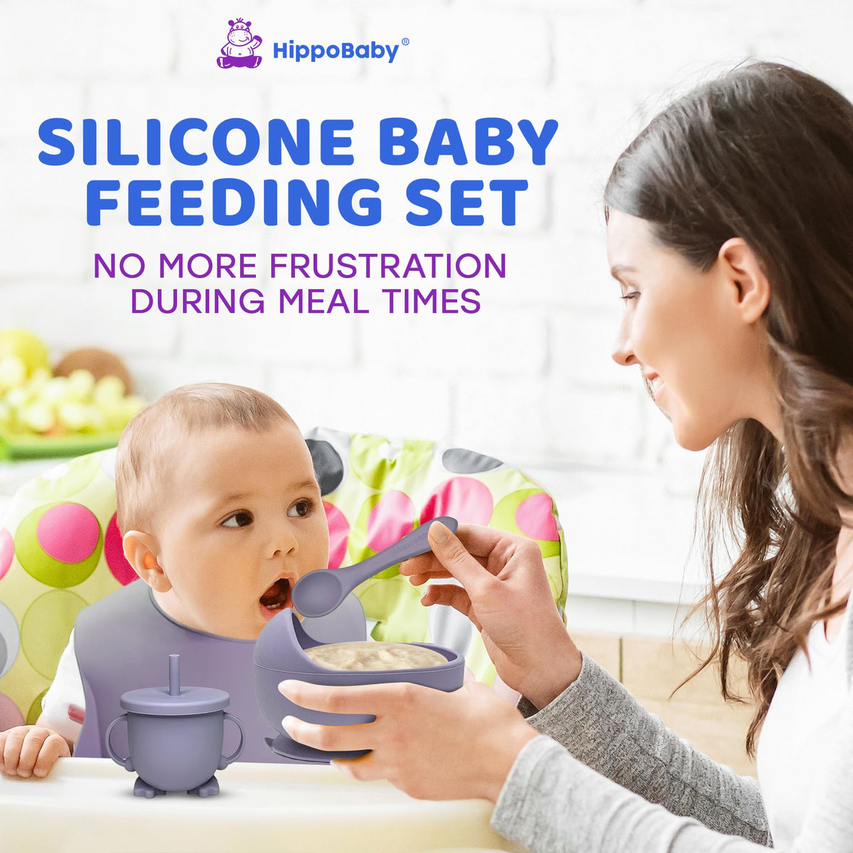 HippoBaby Suministros para Alimentación Guiada del Bebé | Juego de Alimentación de Silicona de 10 Piezas | Juego de Vajilla para Bebé y Niño Pequeño con Babero, Taza, Plato Dividido y Cuenco
