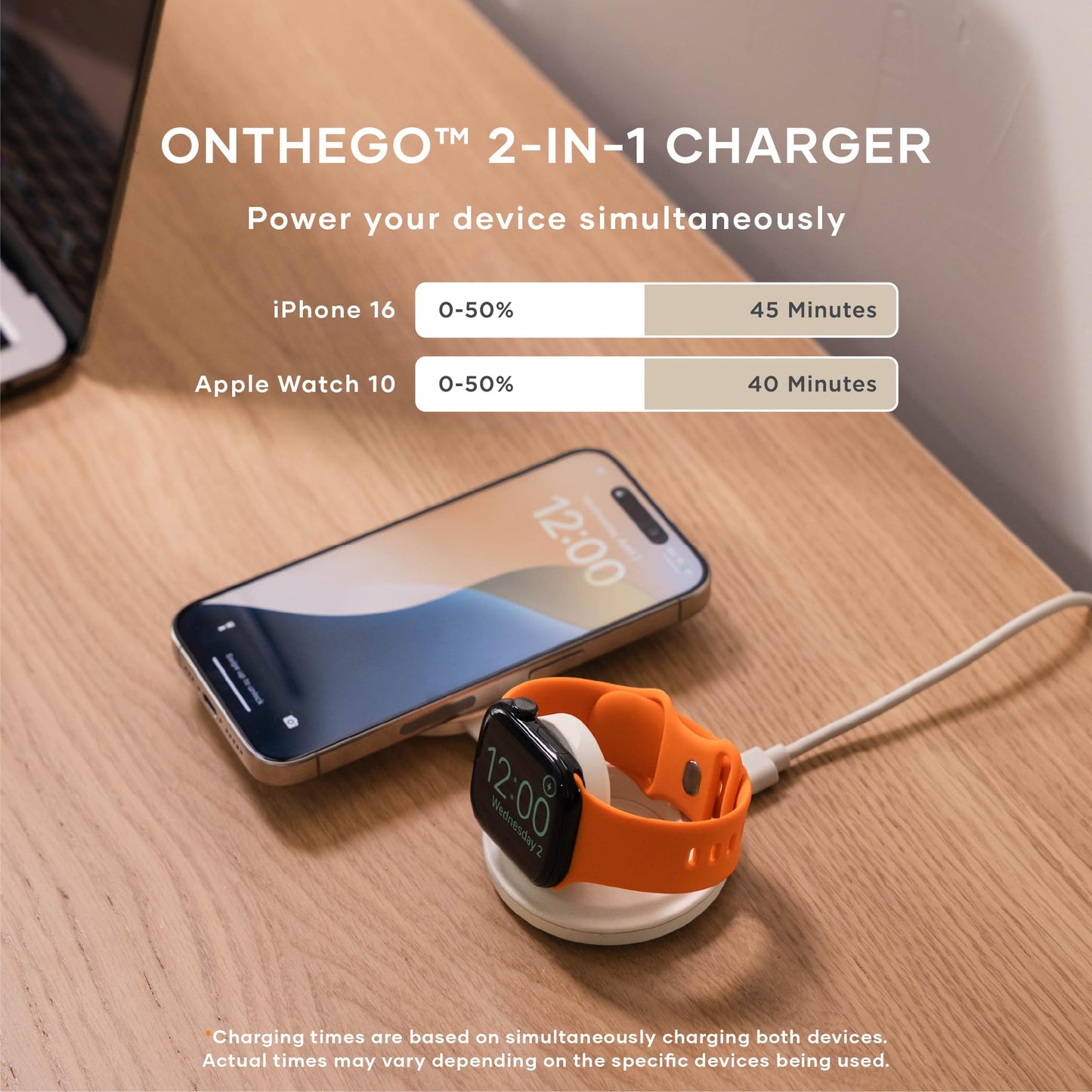 SATECHI OntheGo™ Cargador Inalámbrico 2 en 1, Cargador Portátil Qi2 con Carga Rápida de 15W para iPhone y 5W para Apple Watch, Estación de Carga Magnética de Viaje – Arena