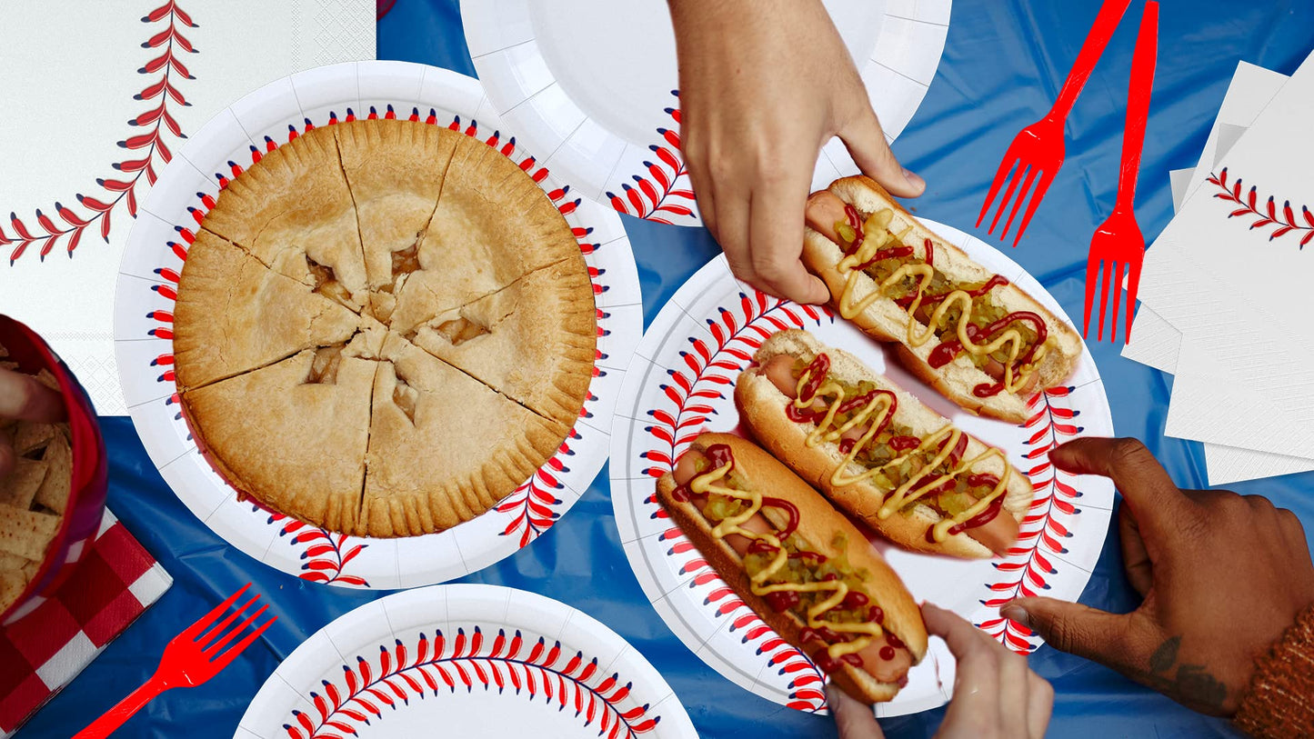 LMJUNZZ 120 Pcs Baseball Party Supplies Bundle Paper Plates Napkins Baseballs Party Birthday Decorations Baseball Tableware For Kids Serves 30