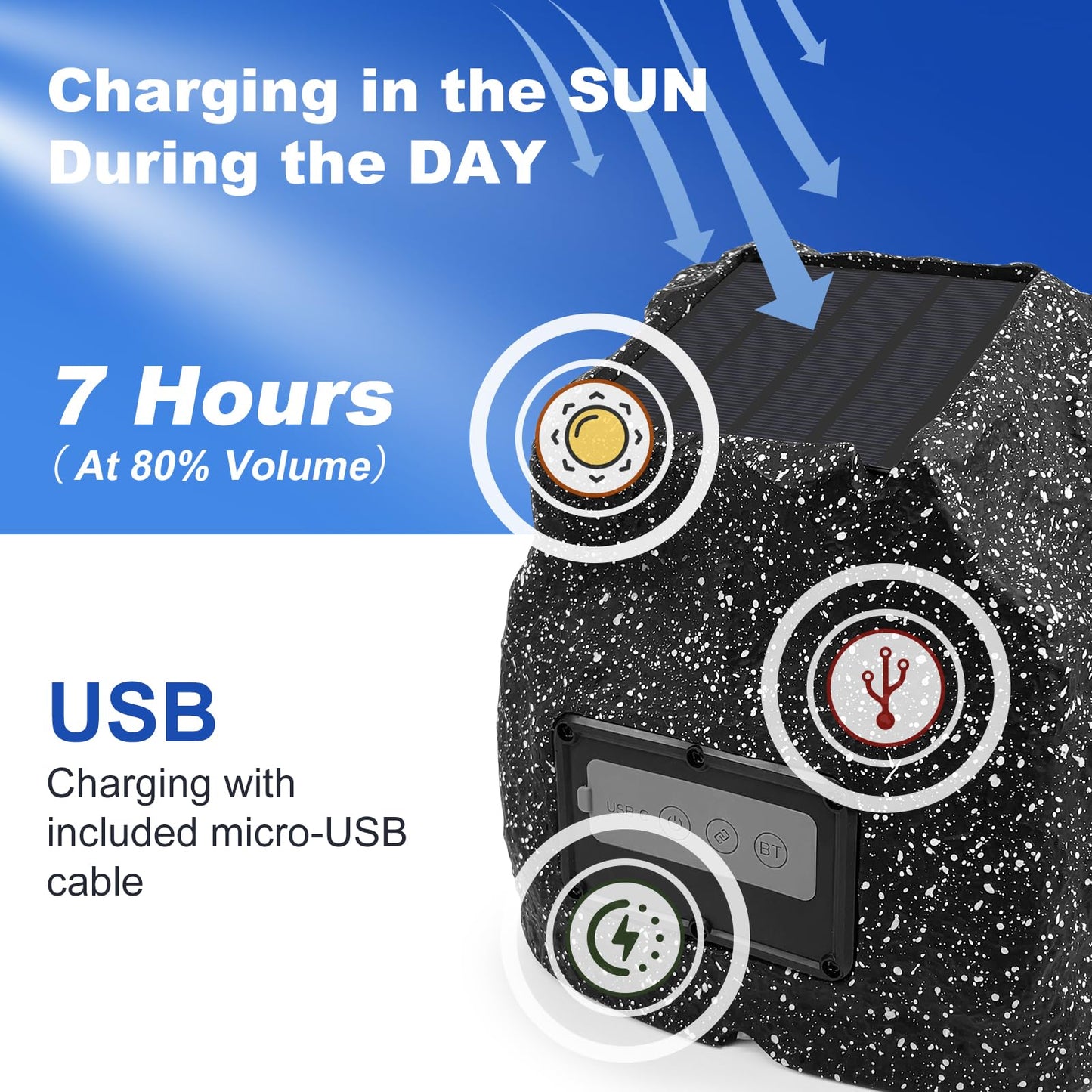 STUDIOFINIX Par de altavoces impermeables para exteriores de 10,2 cm - Altavoz Bluetooth 5.3 inalámbrico con energía solar - Potencia máxima de 160 W para jardín, terraza, piscina, patio trasero (gris