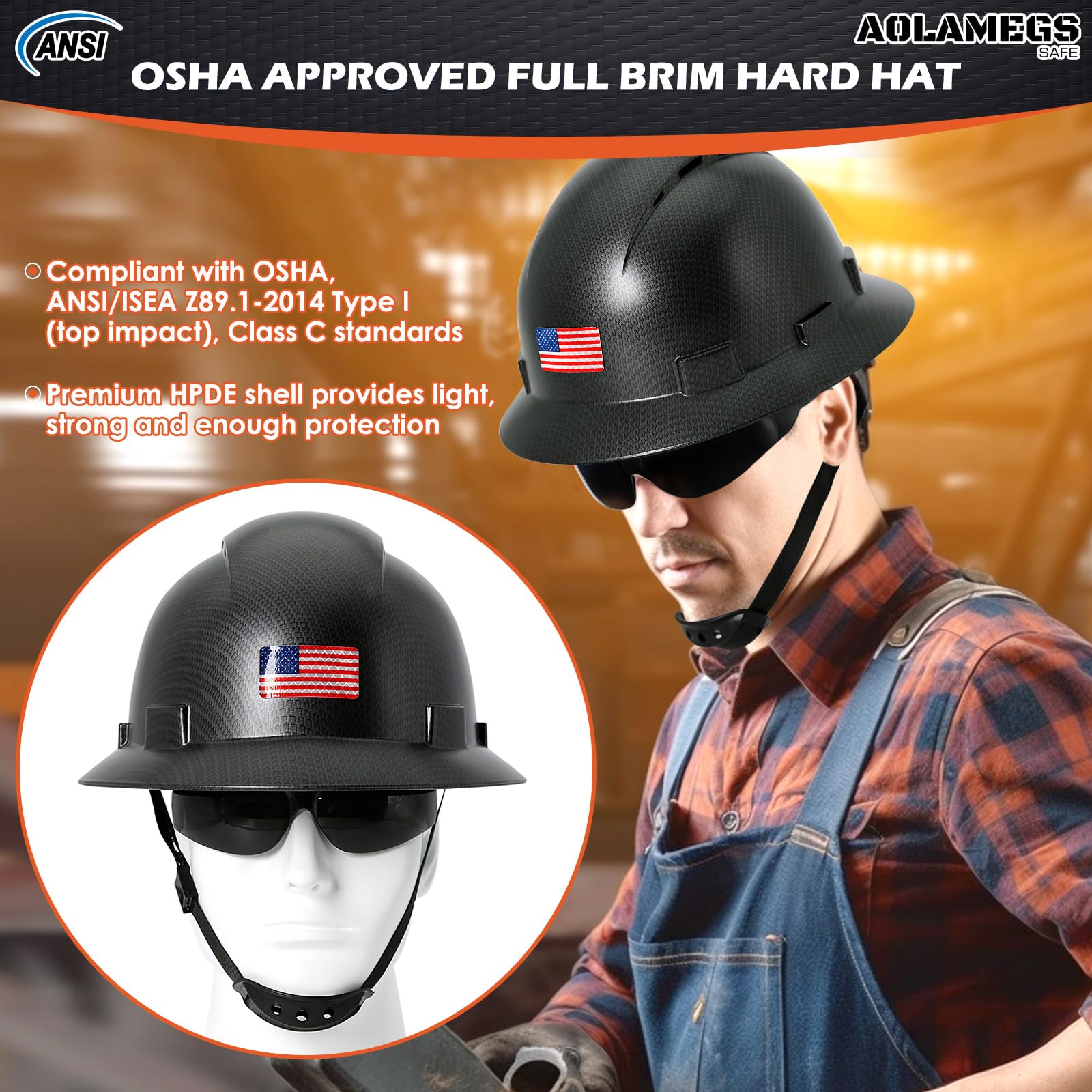Casco de ala completa de fibra de carbono negro mate con gafas de seguridad y forro para hombres y mujeres, OSHA para construcción, seguridad con correa de barbilla y visera solar, perfil bajo
