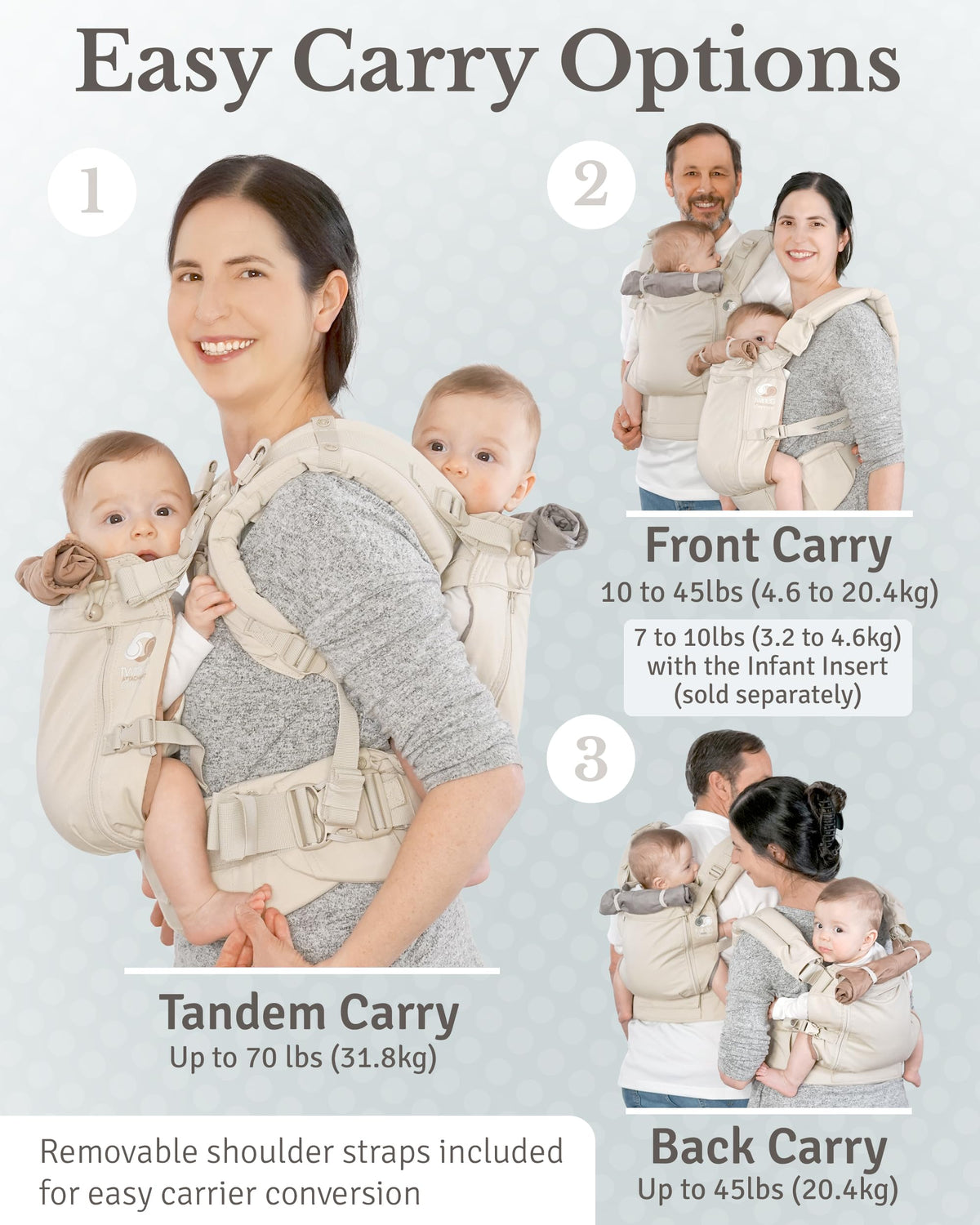 TwinGo Carrier - Modelo Air - Neutro, ideal para todas las estaciones, malla transpirable, totalmente ajustable en tándem o 2 portabebés individuales para hombres, mujer XS-XXL - Gemelos y bebés de 10