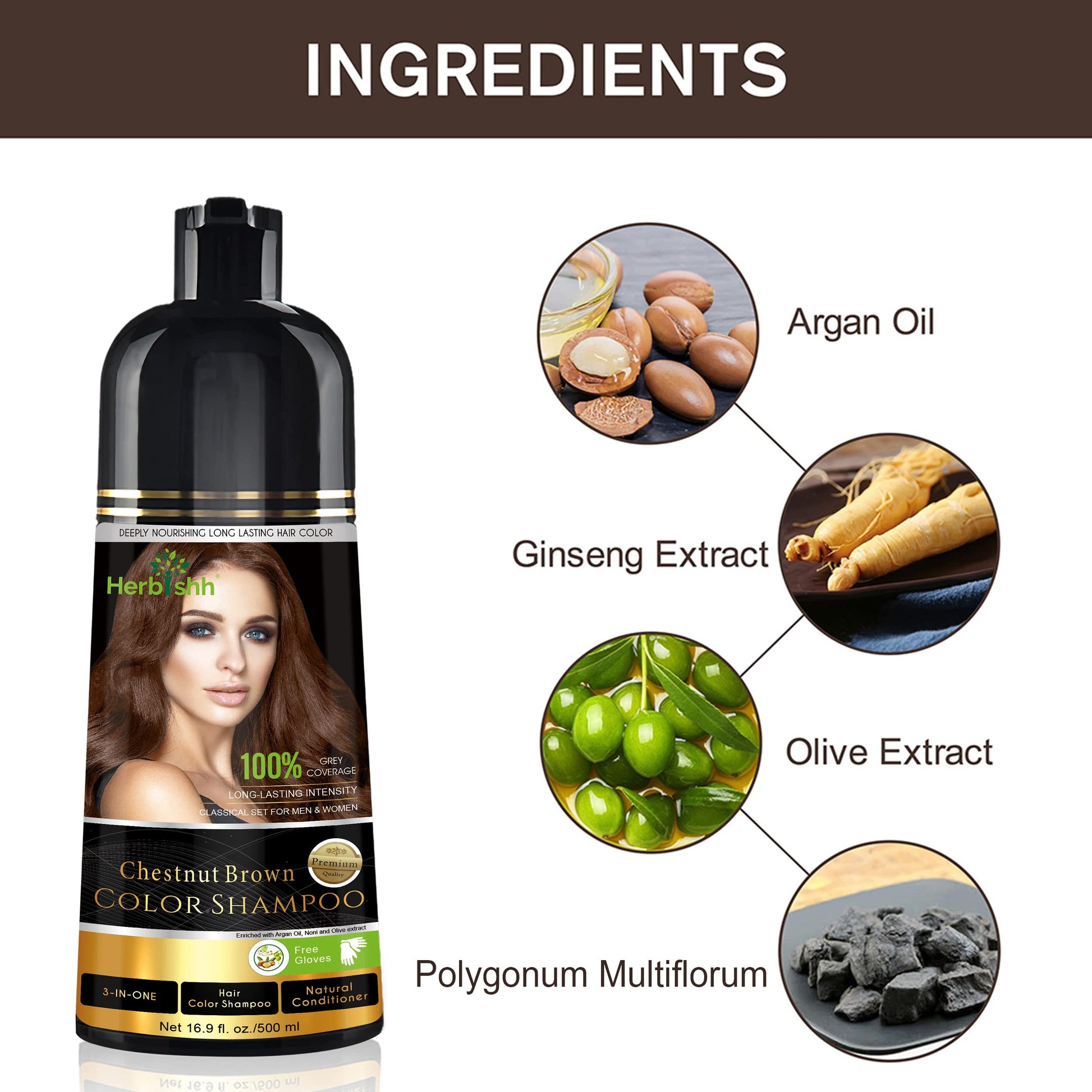 Herbishh - Champú colorante para cabello gris, champú con tinte natural para el cabello, colorea el cabello en minutos, dura hasta de 3 a 4 semanas, 500 ml, tinte de cabello 3 en 1, sin amoniaco | (marrón castaño)