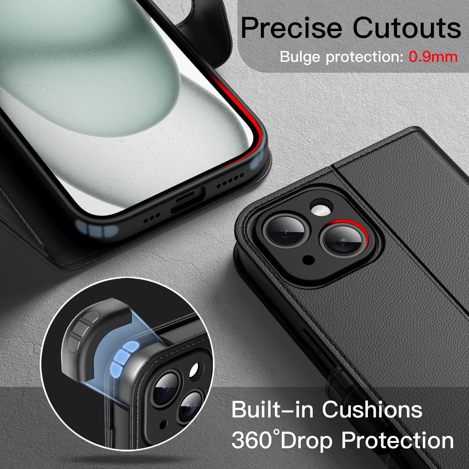 JETech Funda Billetera para iPhone 15 6.1 Pulgadas, Carcasa Flip Magnética de Cuero PU Antigolpes con Tarjetero, Función de Soporte y Protección Completa Cámara (Negro)