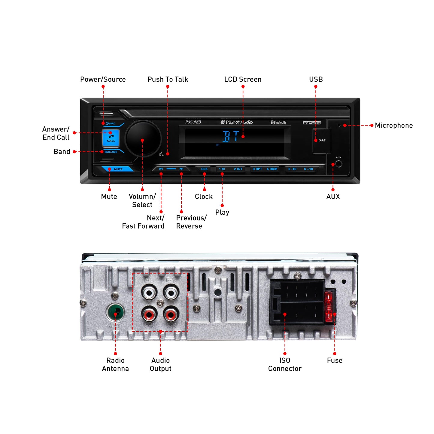 Planet Audio Sistema estéreo de Audio para automóvil P350MB: DIN único, Unidad Principal de Audio y Llamada Bluetooth, MP3, Audio USB, Carga USB, Entrada AUX, Receptor de Radio Am/FM