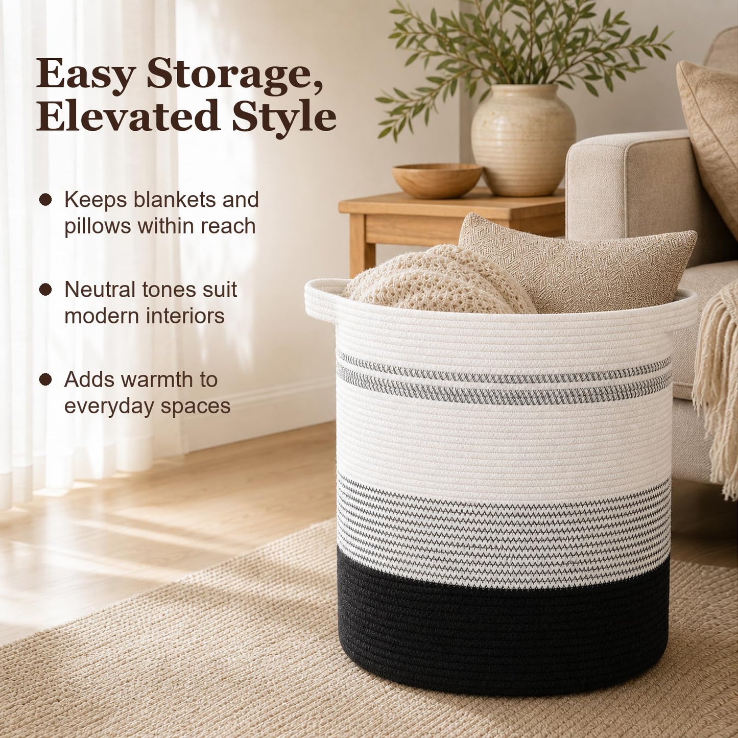 OIAHOMY - Cesta de lavandería de 80 litros, cesta de almacenamiento con asas, cesta decorativa para sala de estar, cesta de almacenamiento tejida para contenedores de juguetes, almohadas, mantas,