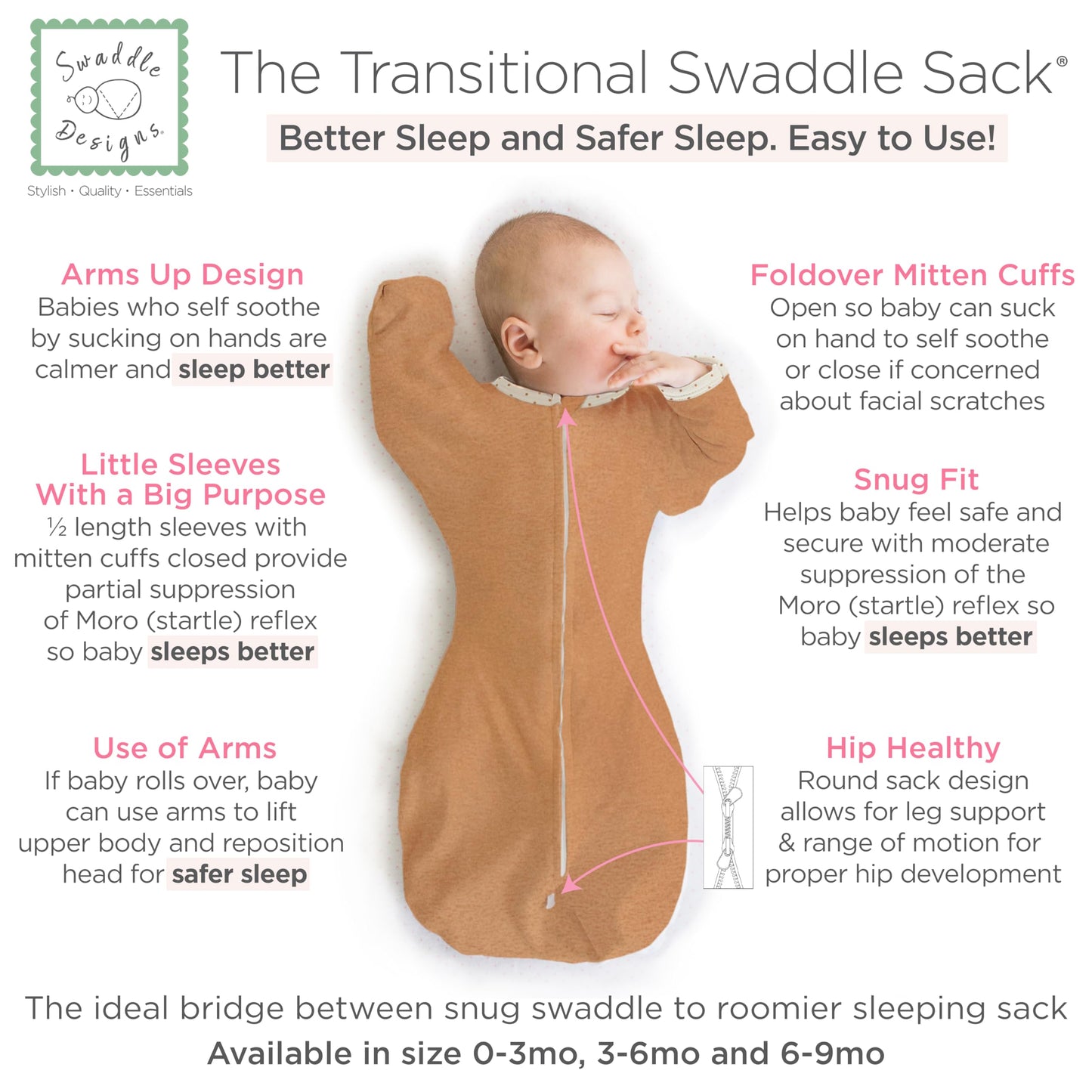 SwaddleDesigns - Saco de Envolver de transición con Brazos hasta Mangas de Media Longitud y puños de manopla, pequeño, 0-3 Meses, 6-14 Libras, Manteca Jaspeada (Manta de Brazos Arriba, Saco de Dormir