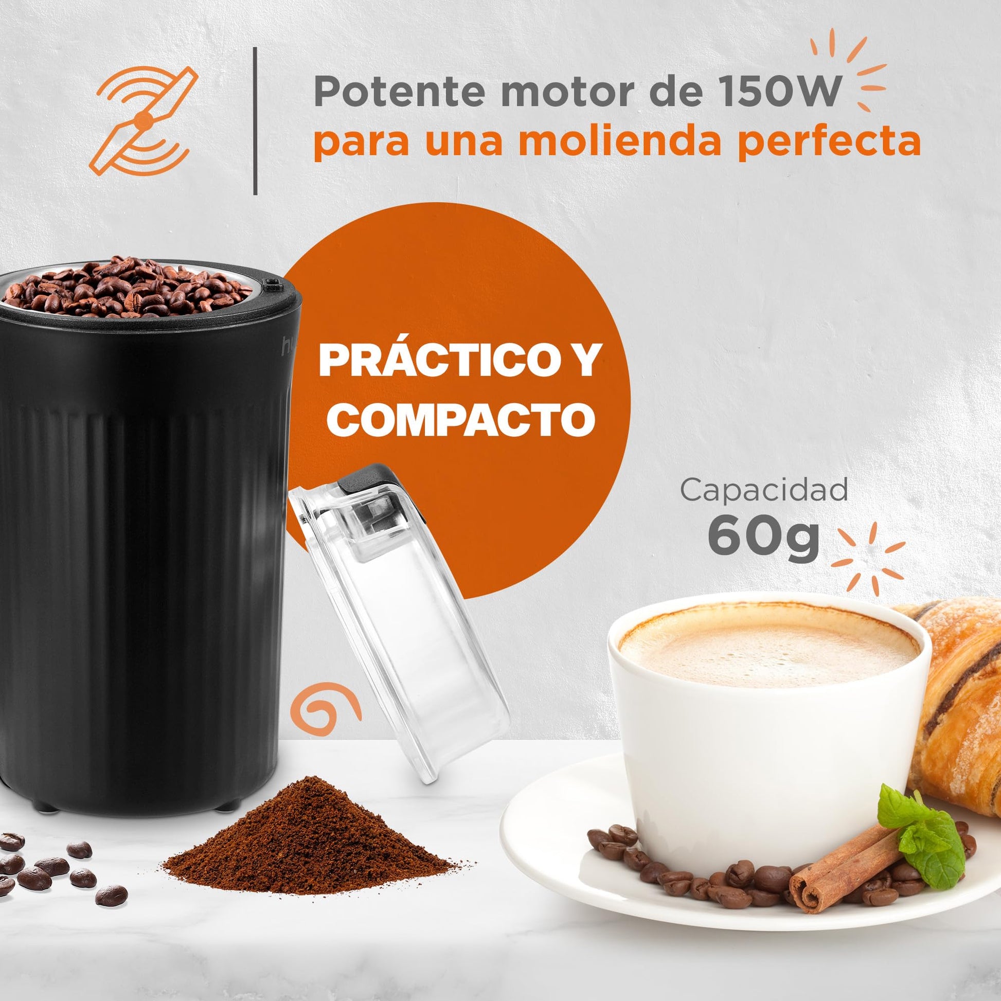 Hukën x MasterChef | Molino Eléctrico de Café y Especias | Negro Matte | Molido Preciso | Aspas de Acero Inoxidable | Capacidad 60 g | Potencia Duradera