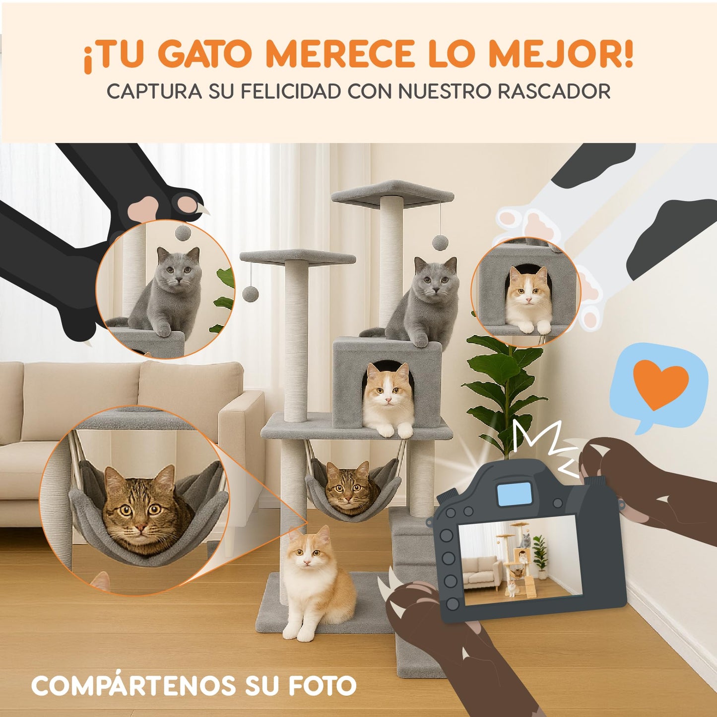 POLI PETS Rascador para Gatos Persa, Árbol para Gatos con Escalera, Escondite y Hamaca, Estructura Cubierta de Sisal y Felpa, Seguro, Cómodo y Duradero, Castillo para Gatos 125 X 50 X 40cm (Gris)