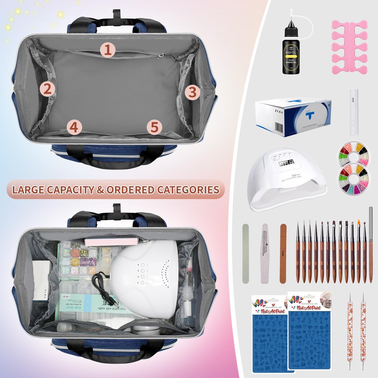 LTINVECK - Funda organizadora de esmalte de uñas con capacidad para 70 botellas (15 ml/0.5 fl.oz), Azul, 15 x 13.8 x 11 inches, Viajes