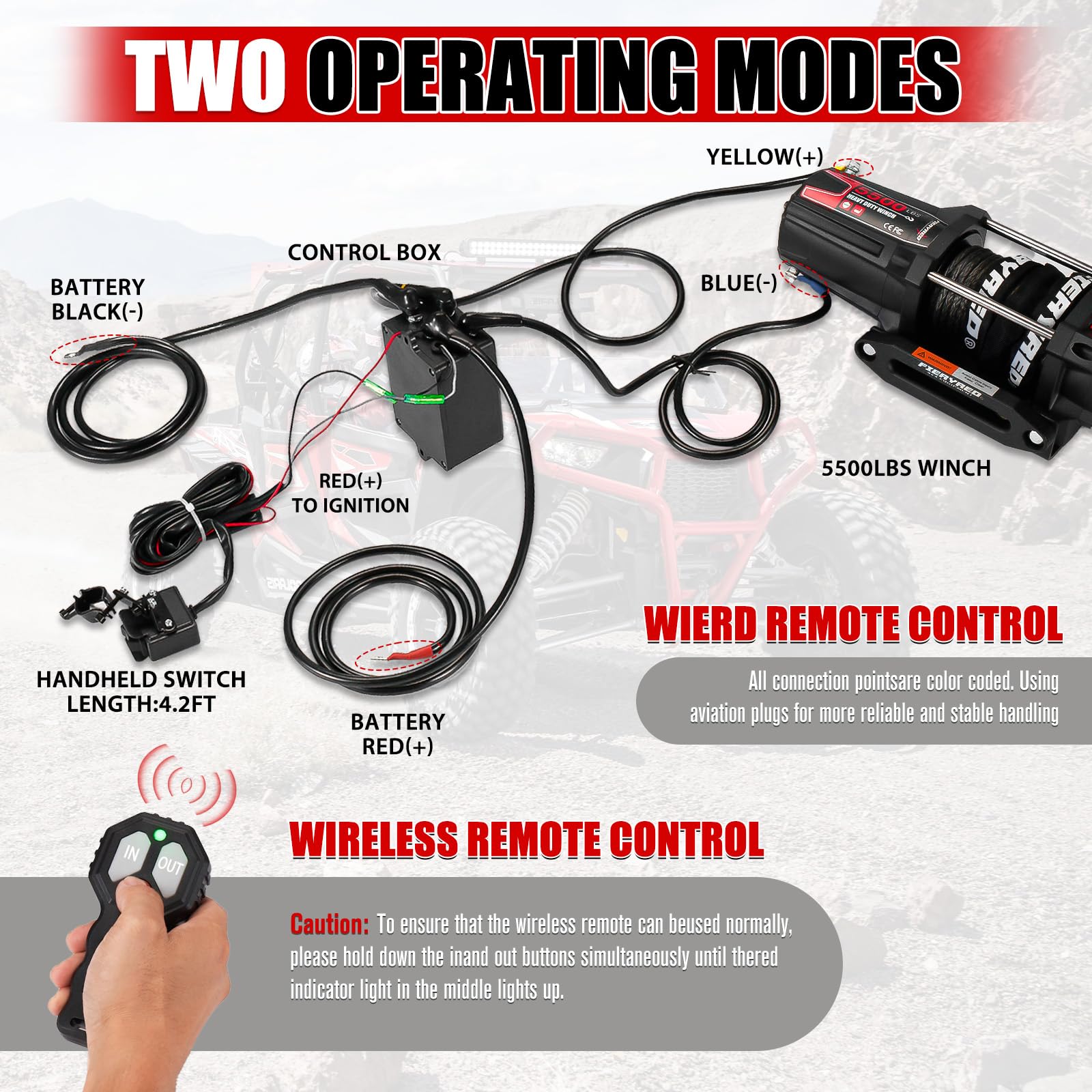 FieryRed - Cabrestante eléctrico para ATV/UTV, 12 V, 5500 libras, con cuerda sintética, con control remoto inalámbrico, Hawse de aluminio y soporte de montaje, impermeable IP67