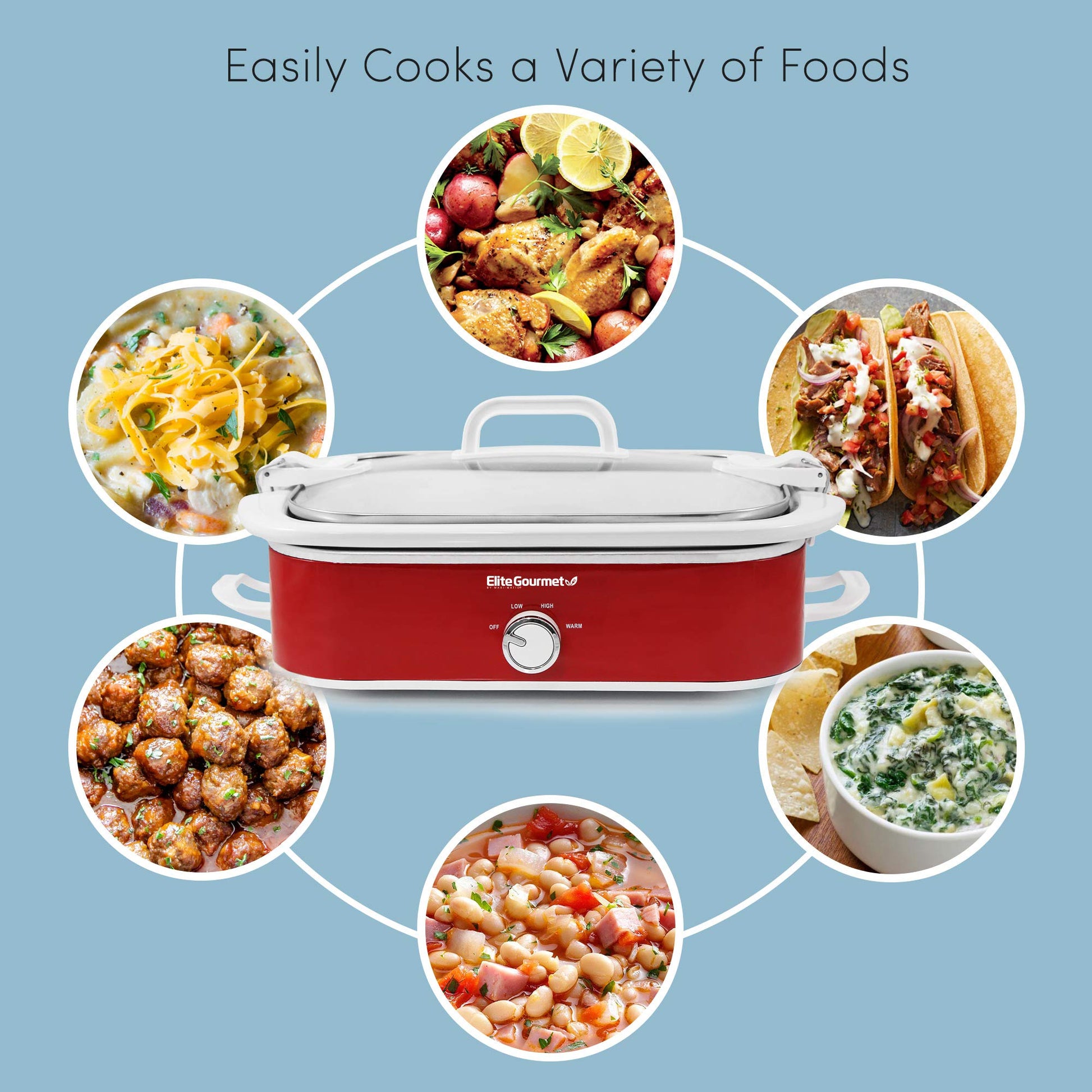 Elite Gourmet MST-5240 Slow Cooker, Locking, Adjustable Temp, Keep Warm Dishwasher-Safe Glass Lid & Casserole Dish, 3.5QtCapacity, 3.5Qt Capacity, Red