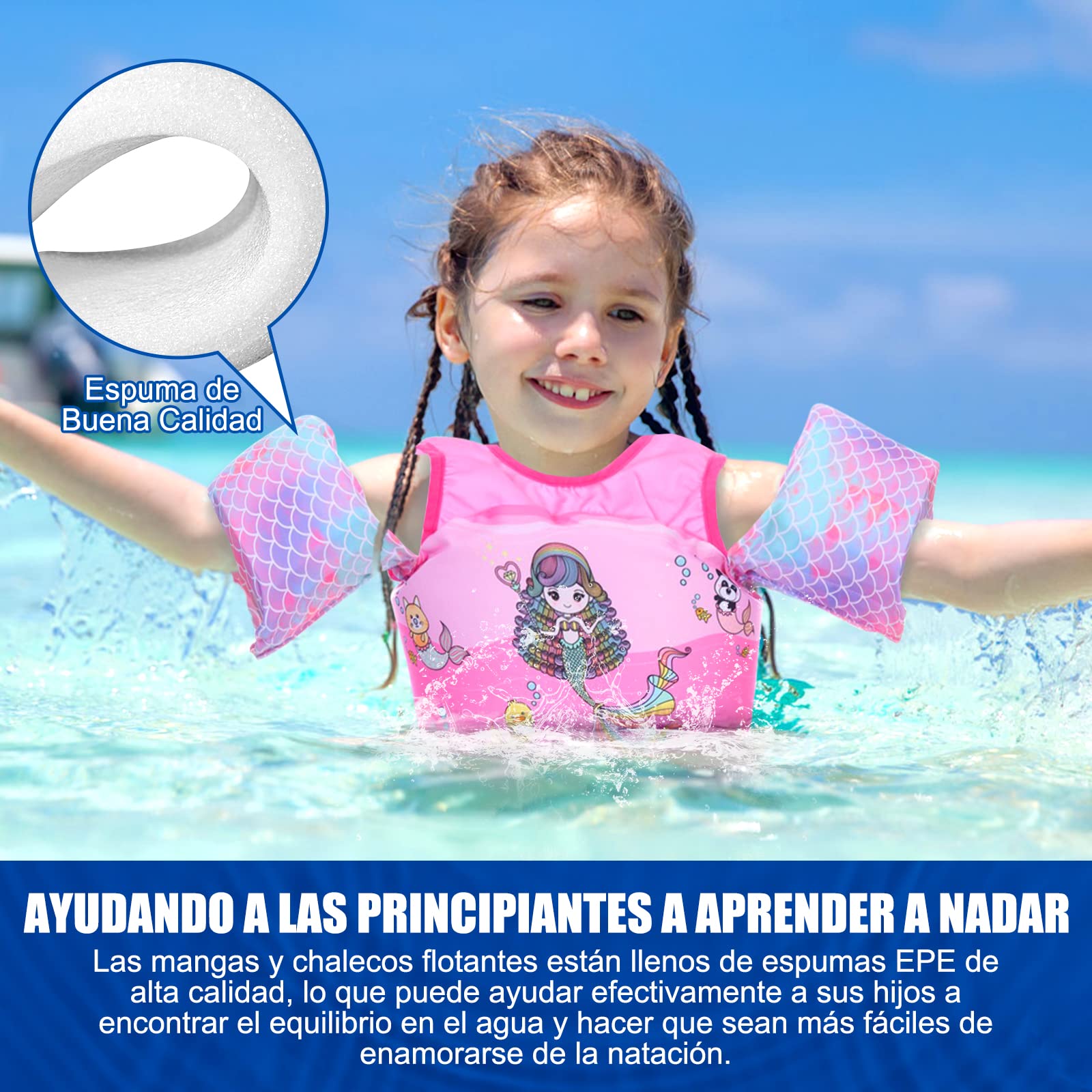 Chaleco Salvavidas VVYY8985 Sirena Ajustable para Niños y Niñas 3 a 8 Años