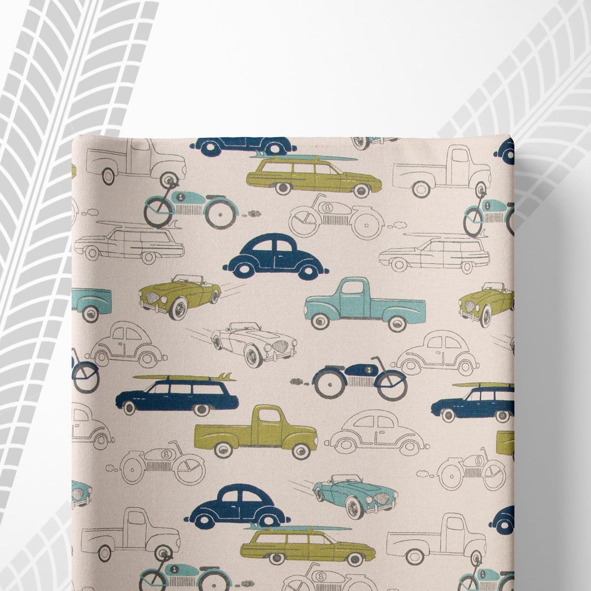 Glenna Jean - Funda de algodón para cambiador de pañales para bebés, coches, camiones, motocicletas, carreras, automóviles, niños, niñas, cuarto de bebé, azul y verde