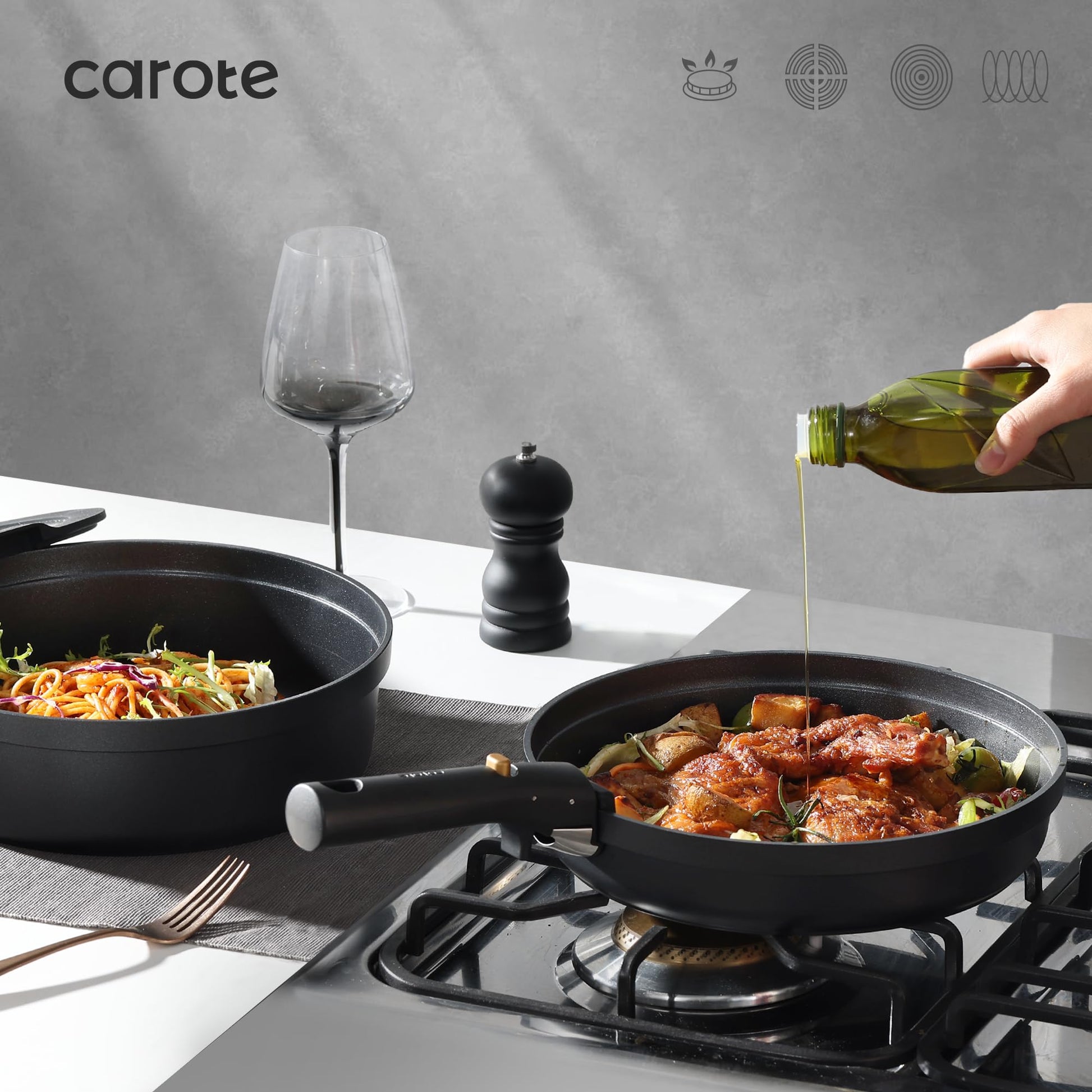 CAROTE - Juego de 20 ollas y sartenes antiadherentes, aptos para lavavajillas, horno y refrigerador, mango extraíble, utensilios de cocina aptos para horno RV, juego de cocina de inducción, negro