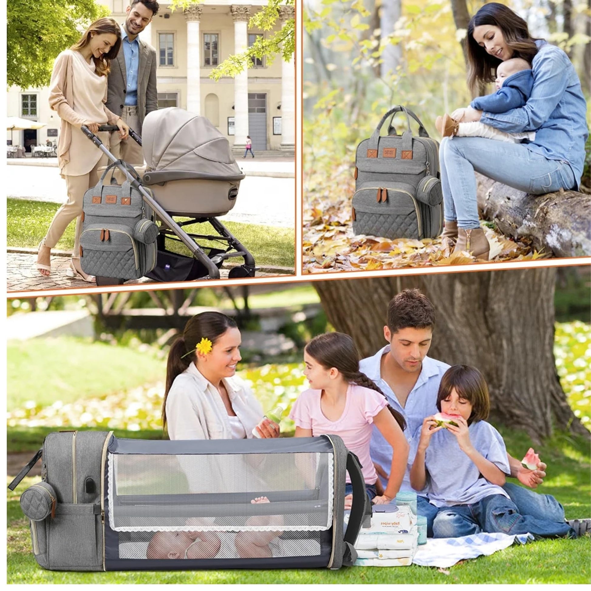 Koskids - Mochila para pañales Bolsa grande para pañales de viaje. Bolsa de pañales impermeable multifuncional con cambiador, puerto USB, correas de carriola y estuche para chupete, Gris, Large,