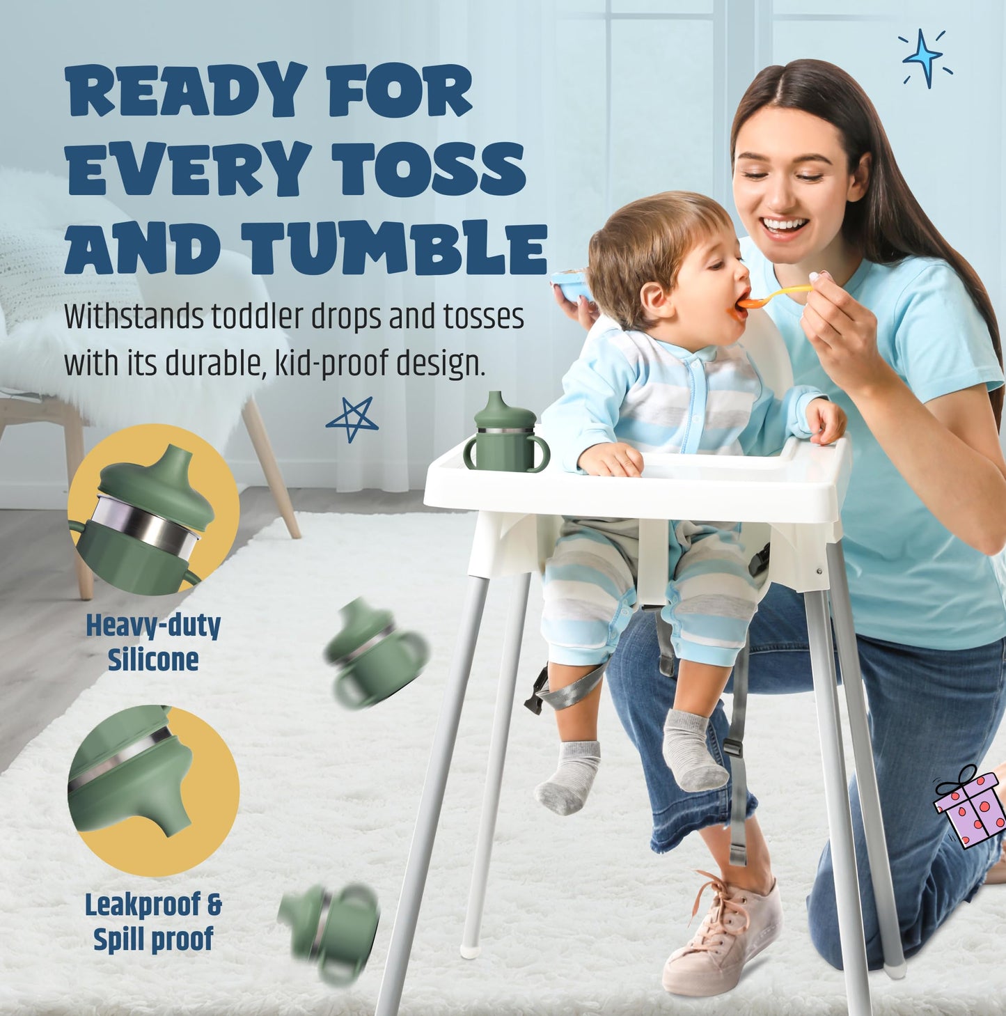 Jumble Dream - Taza de acero inoxidable con silicona para bebés y niños pequeños con popote, vaso entrenador para bebés con popote sin derrames | Tazas con popote para niños de 1 a 3 años (Sage Breeze
