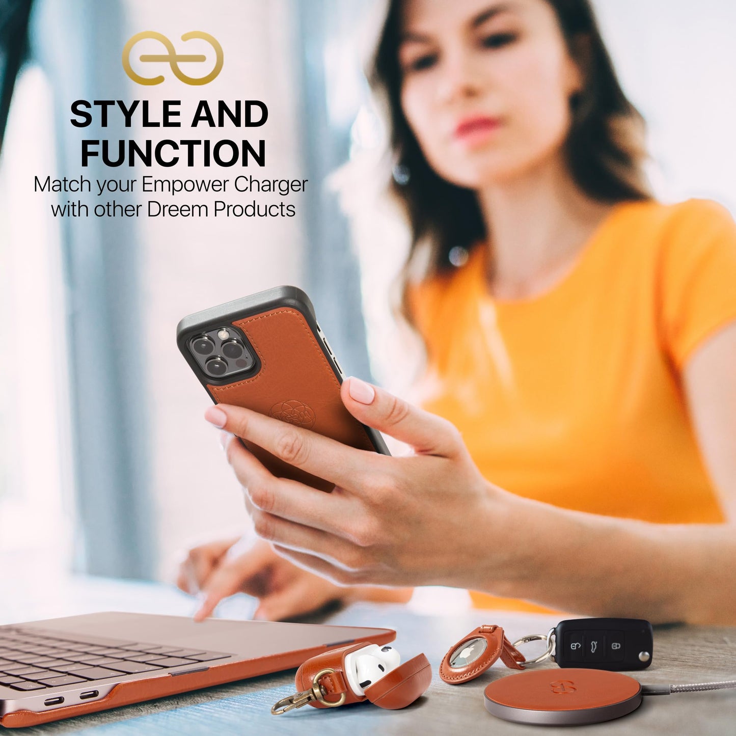 Cargador Inalámbrico Magnético dreem Empower Caramelo Piel Vegana Certificación Qi para iPhone