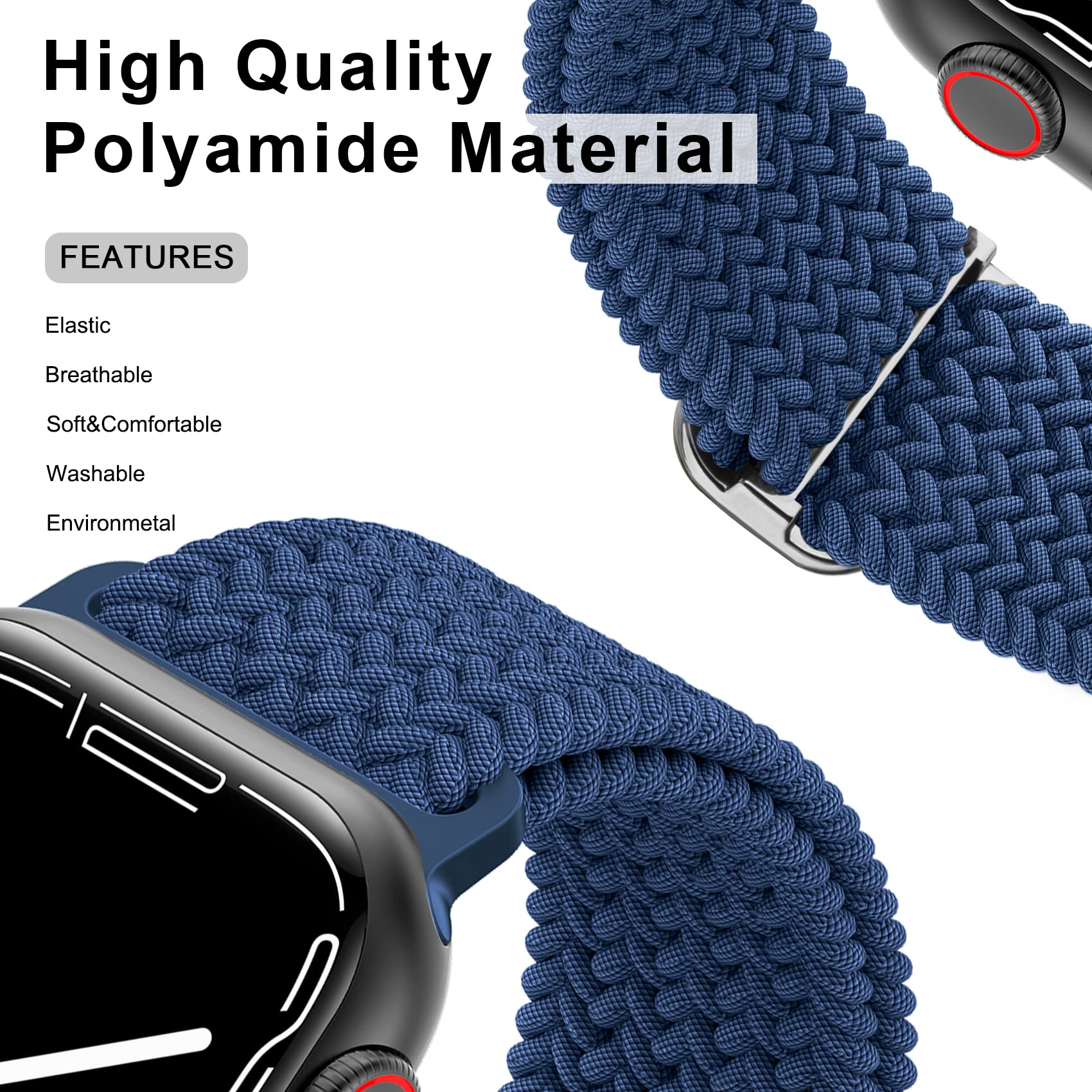 Correa Solo Loop Trenzada Mugust Azul Marino Ajustable para Apple Watch 42mm 44mm 45mm para Mujer y Hombre