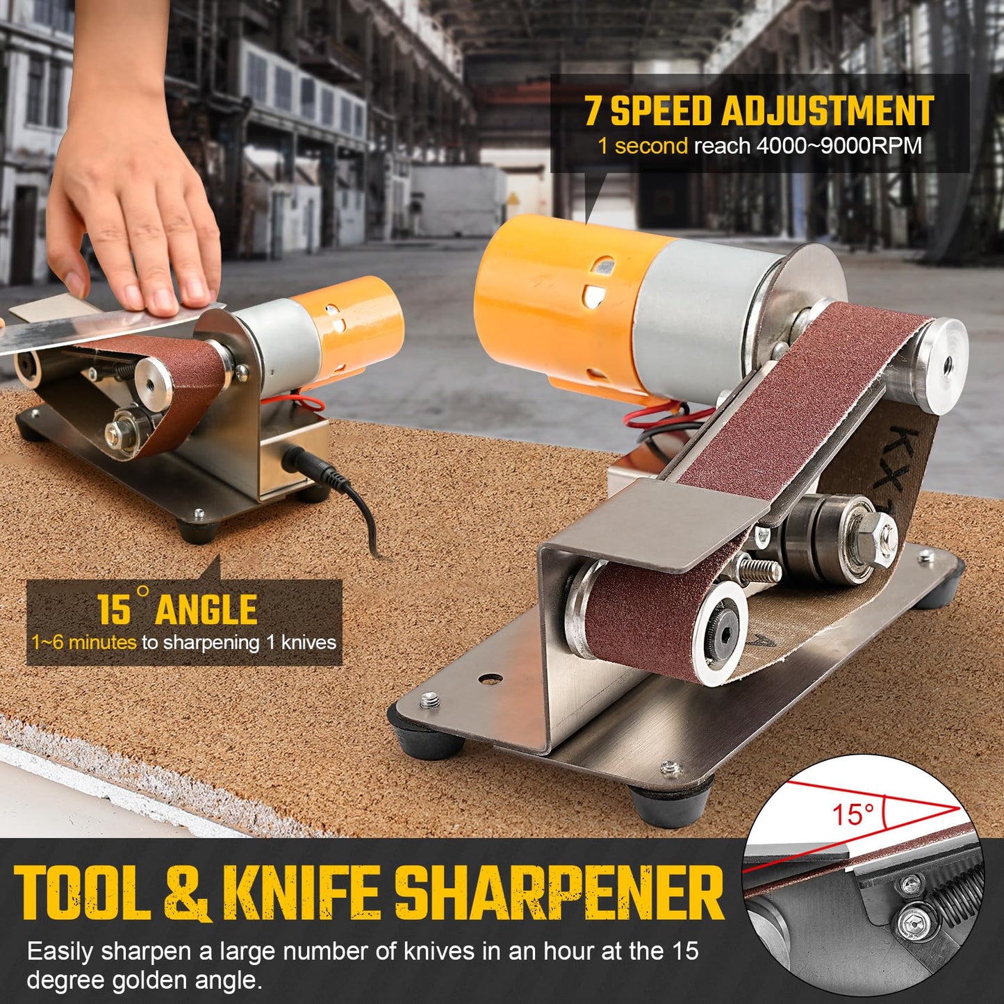 NuoDunco Mini lijadora de correa 3 en 1, afilador de cuchillos de 15 grados, lijadora de banco eléctrica, pulidora con 7 velocidades ajustables para bricolaje y manualidades en metal, madera