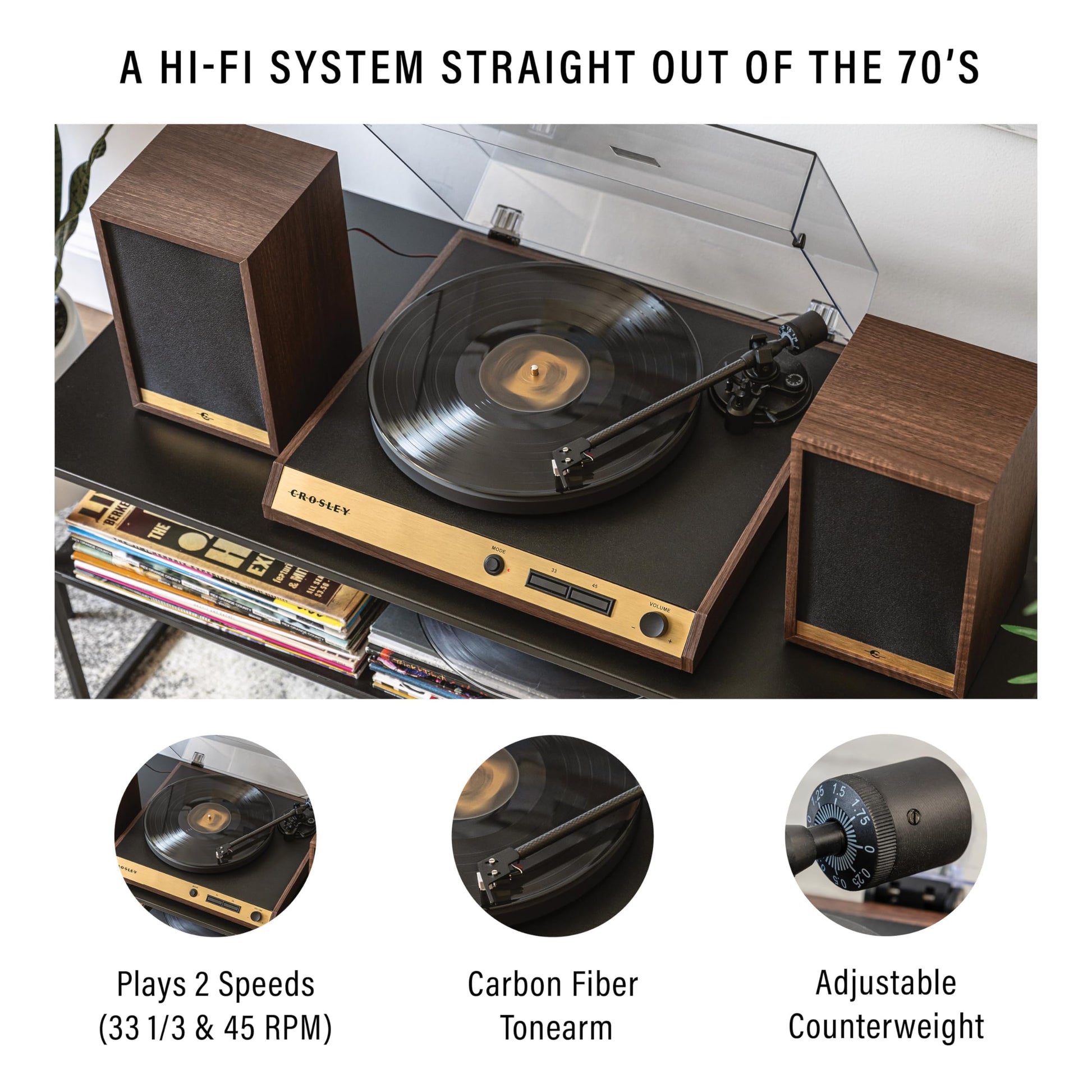 Crosley C72 - Tocadiscos Bluetooth con accionamiento por Correa de 2 velocidades con Altavoces de 80 W, Nogal