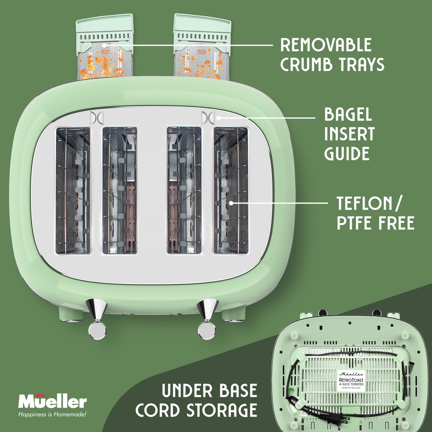 Mueller - Tostador retro con 7 niveles de tostado y 3 funciones, calentar, descongelar y cancelar, acero inoxidable, charola de residuos extraíble, compartimento para cable bajo la base, verde salvia
