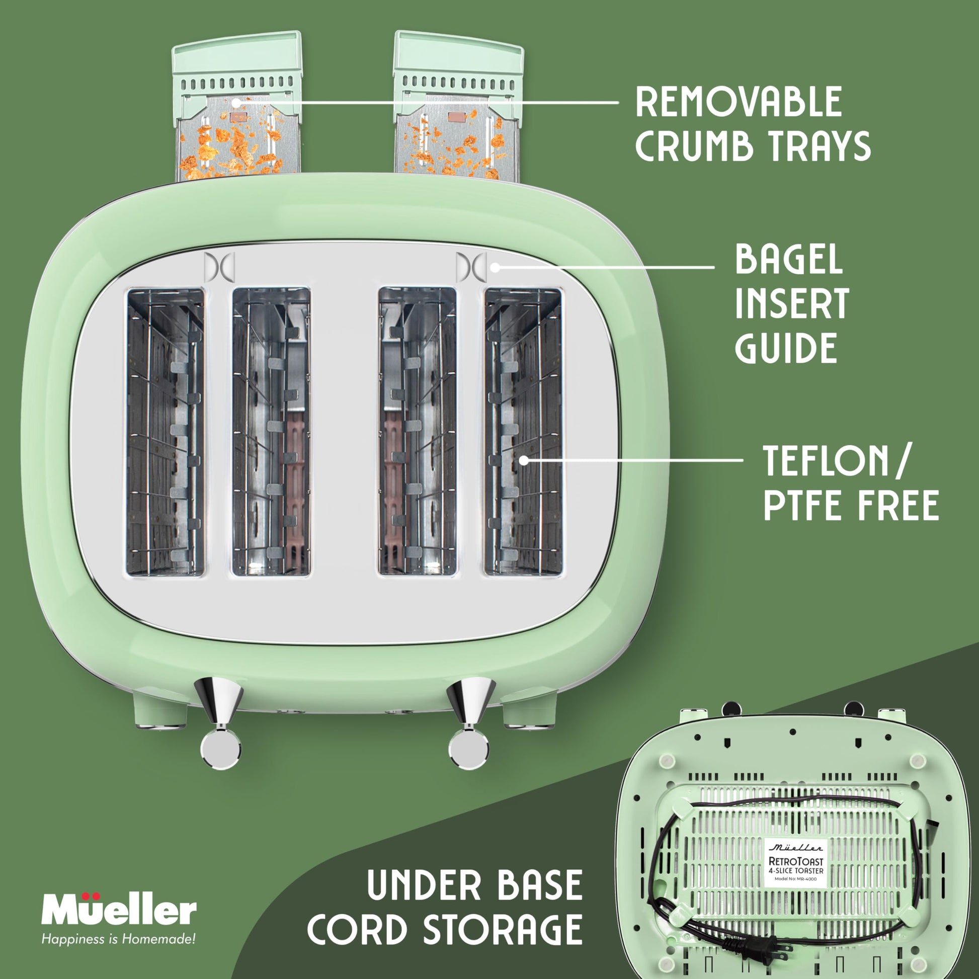 Mueller - Tostador retro con 7 niveles de tostado y 3 funciones, calentar, descongelar y cancelar, acero inoxidable, charola de residuos extraíble, compartimento para cable bajo la base, verde salvia