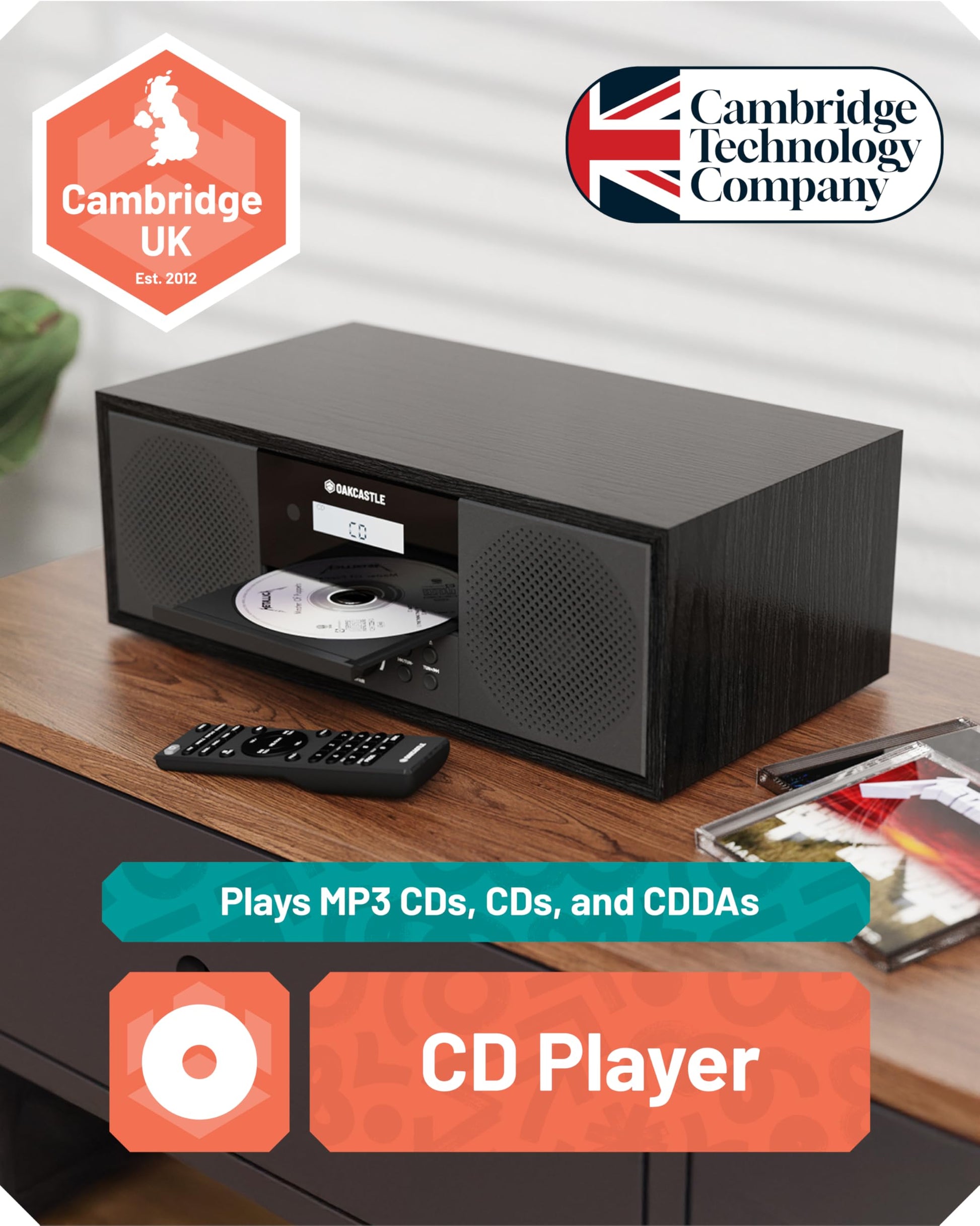 Sistema estéreo Bluetooth 5.2 para el hogar | Potente reproductor de CD de 60 W con altavoces estéreo integrados y control remoto | Reproducción USB y AUX | Radio FM, 30 preconfiguraciones