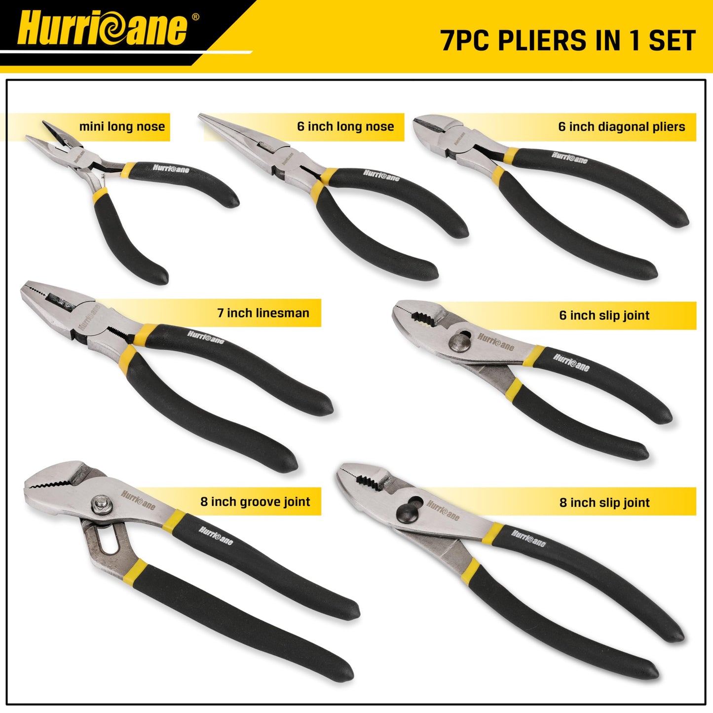 HURRICANE - Juego de alicates de 7 piezas, junta de ranura de 8 pulgadas, junta deslizante, línea de 7 pulgadas, diagonal de 6 pulgadas, nariz larga, mini nariz larga para bricolaje y uso doméstico