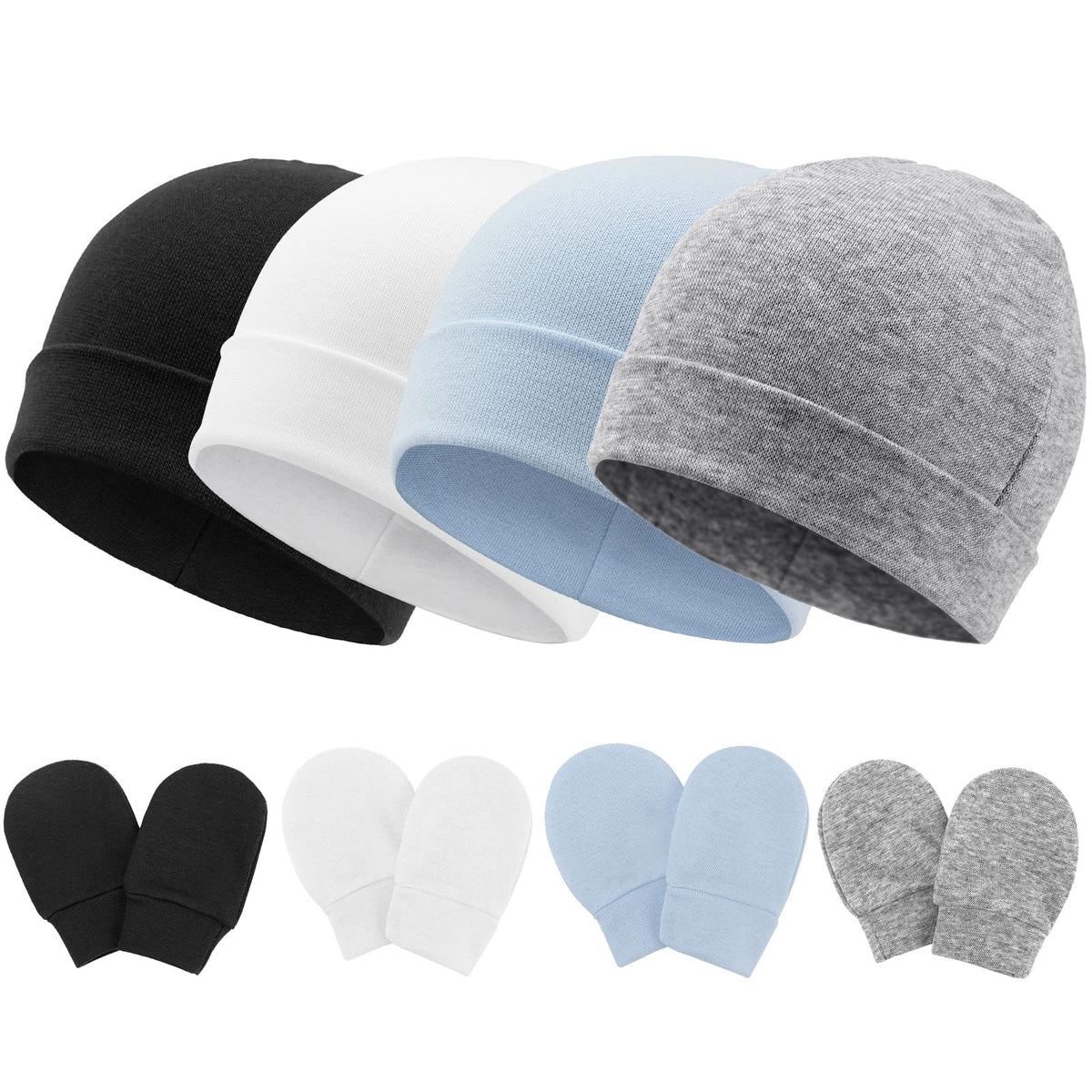 DRESHOW BQUBO Juego de Sombreros y Manoplas de Algodón para Bebé, Sin Arañazos, Gorro de Hospital Recién Nacido para Niños y Niñas, 4 Juegos