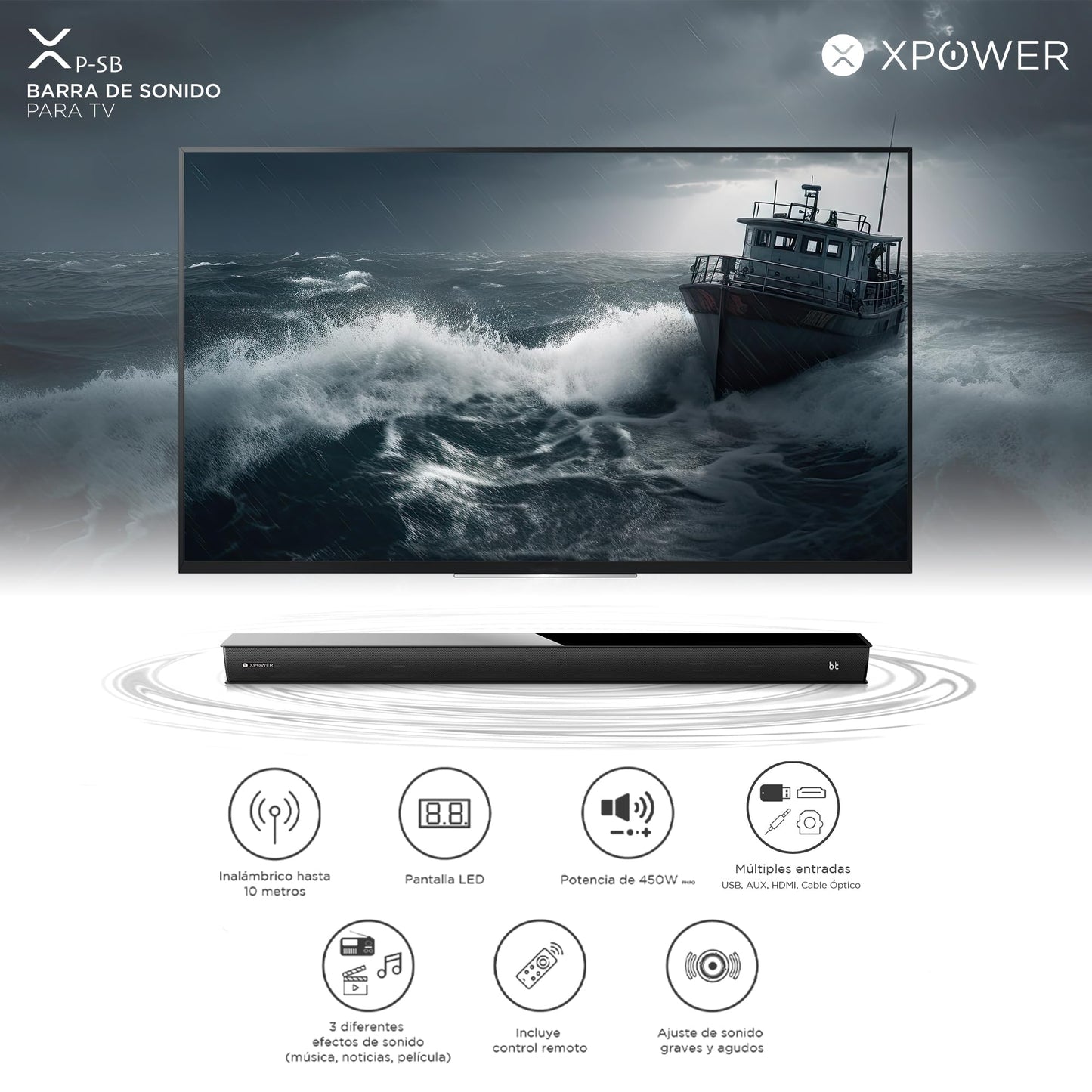XP WER Barra de Sonido de Cine en Casa de 60W XP-SB, Bluetooth, HDMI, AUX, Cable Optico