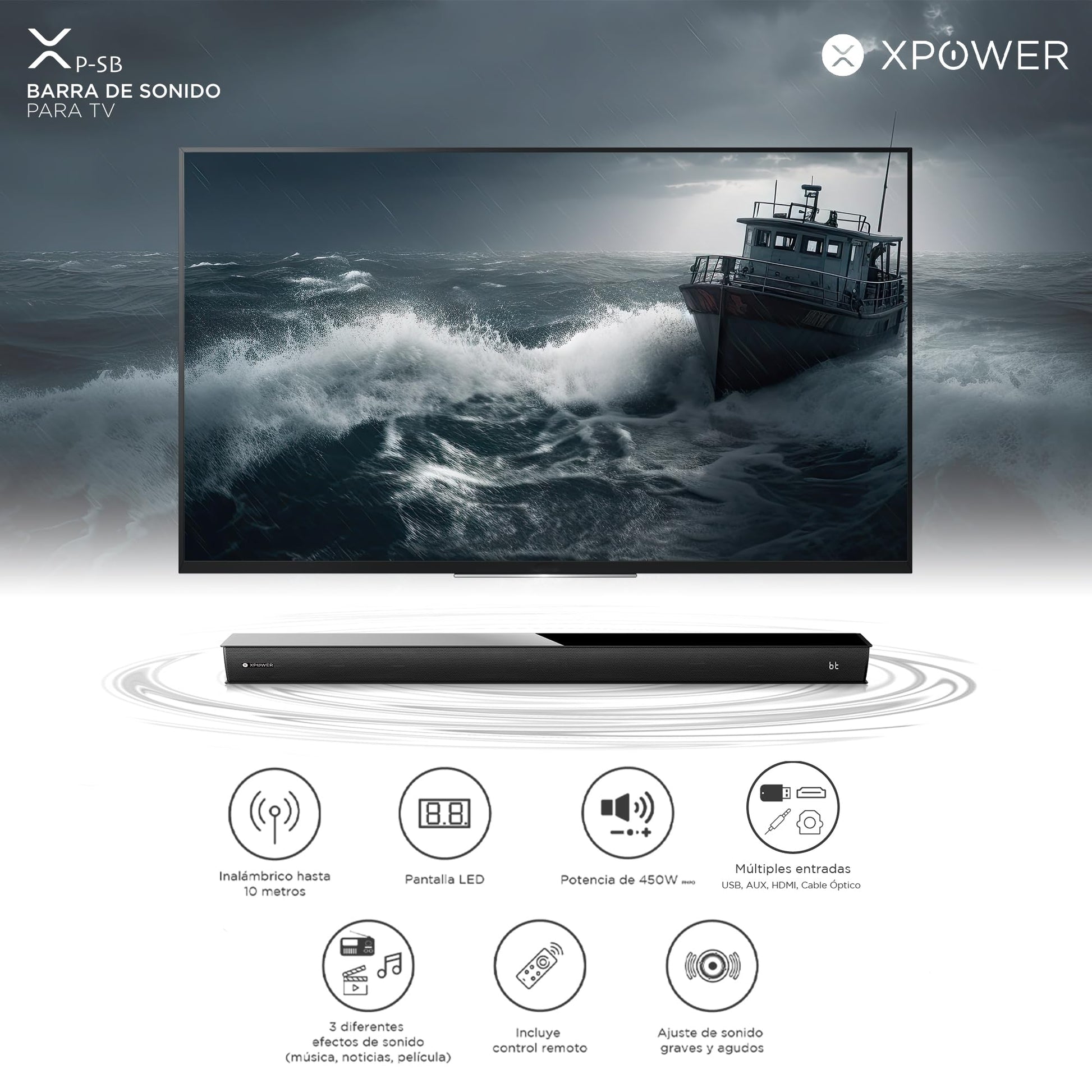 XP WER Barra de Sonido de Cine en Casa de 60W XP-SB, Bluetooth, HDMI, AUX, Cable Optico