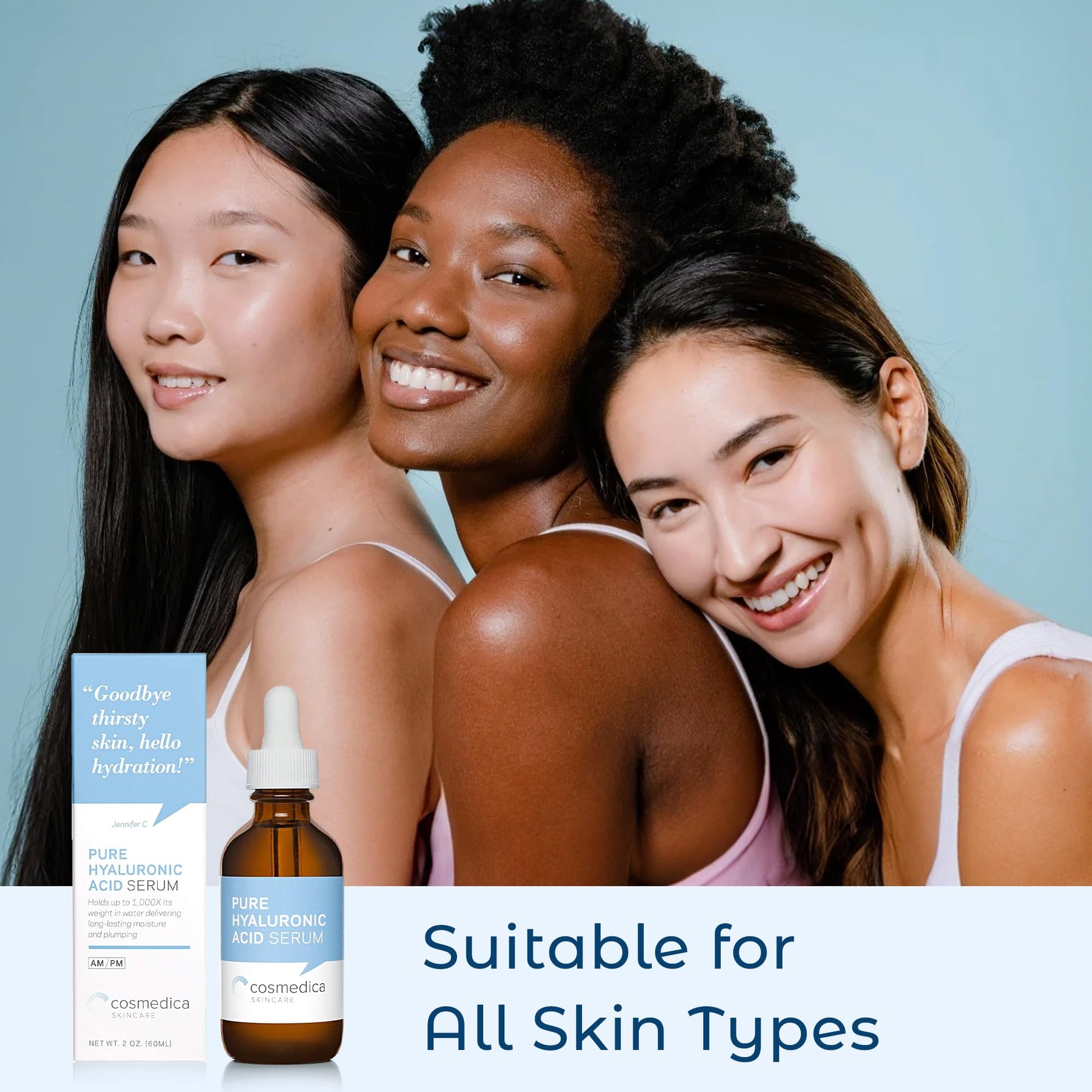 Cosmedica Skincare SUERO PURO DE ACIDO HIALURONICO 2 oz. Retiene su peso hasta 1000 veces en agua. Incrementa los niveles necesarios de humectación en la piel.