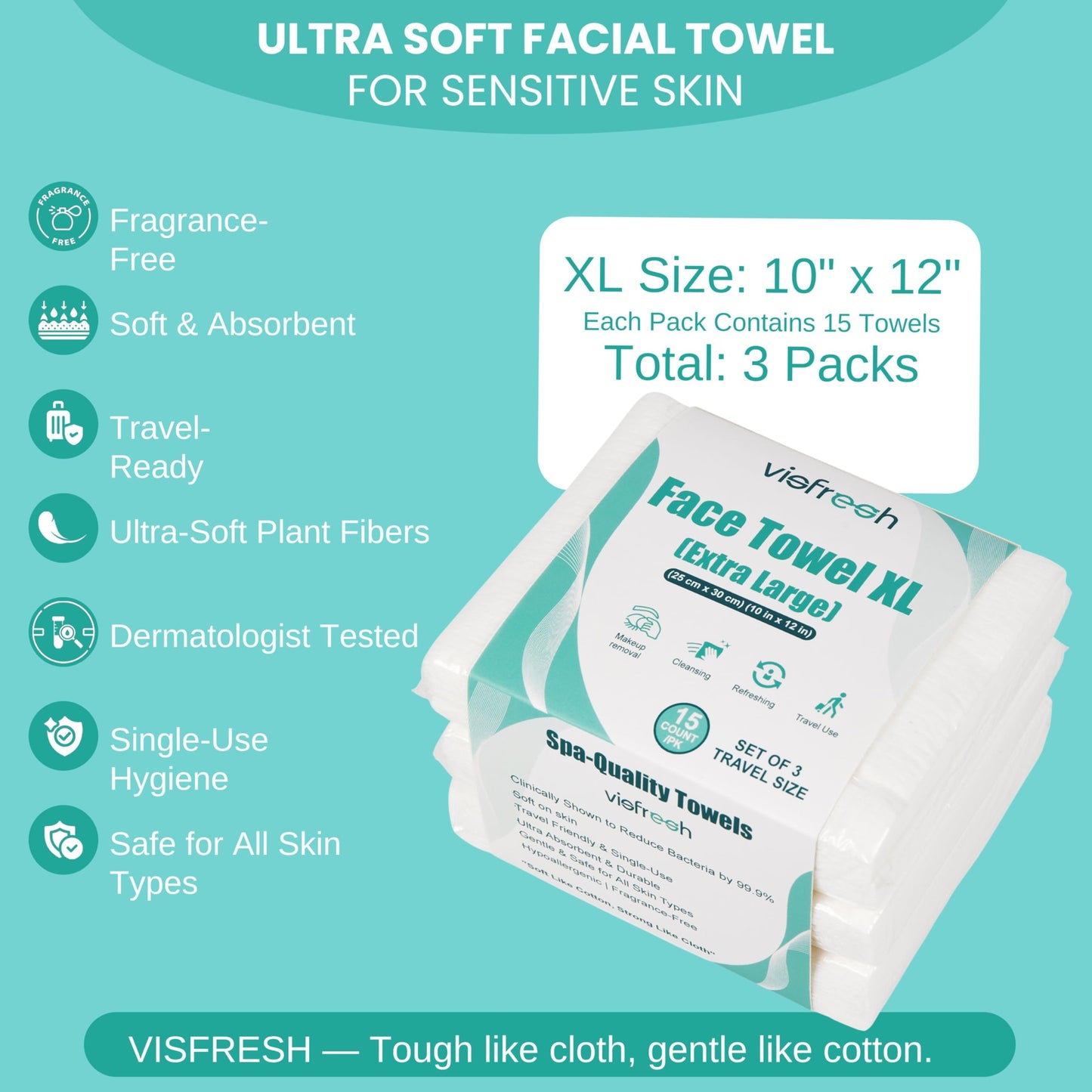 Visfresh Paquete de toallas faciales desechables de viaje - XL 25 x 30 cm. Toallitas faciales desechables, ultrasuaves y gruesas para piel sensible. Toallitas secas desmaquillantes. 15 toallas por paq