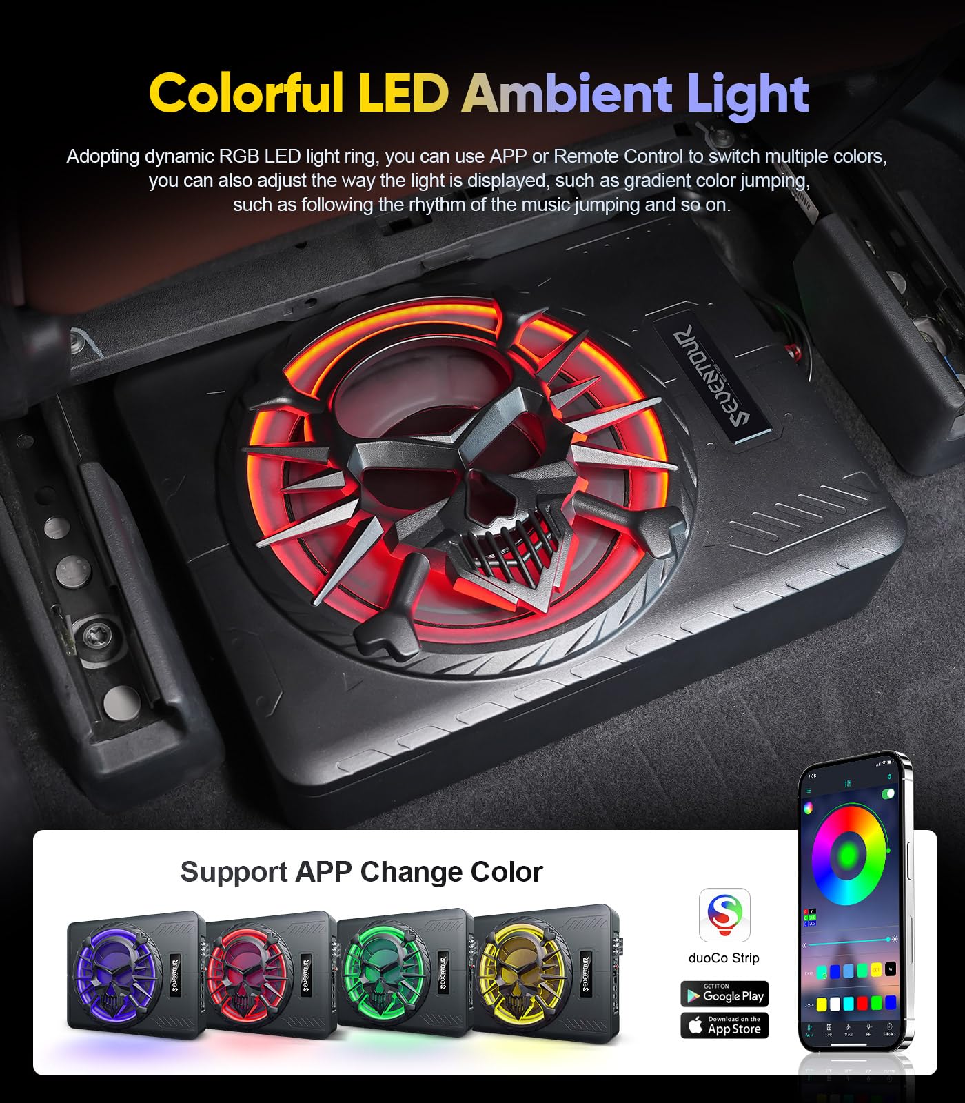 Subwoofer y amplificador de 10 pulgadas de 1200 W para debajo del asiento del coche, subwoofer con luz LED RGB