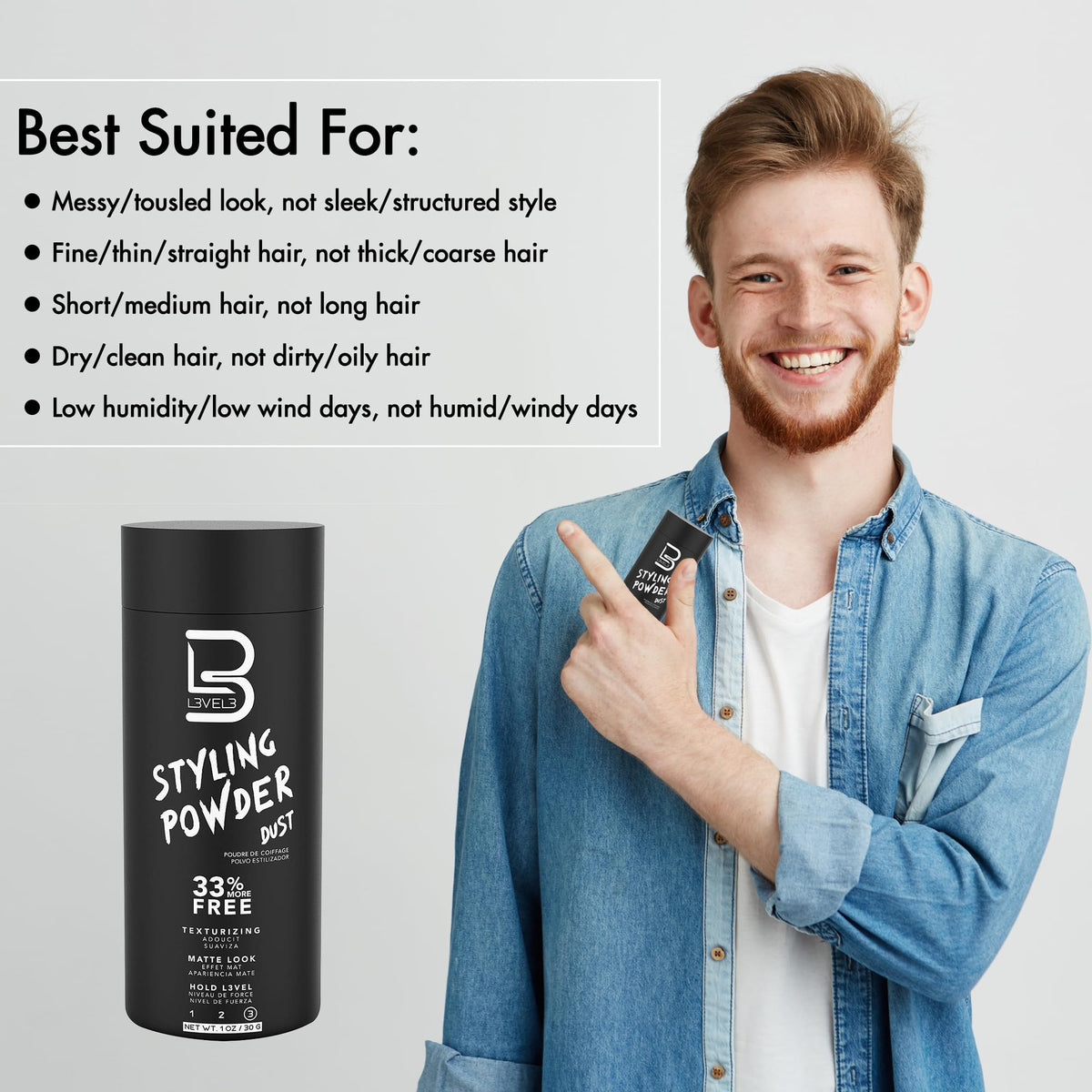 L3 - Polvo de peinado de nivel 3, polvo de aspecto natural para hombre, fácil de aplicar sin aceite ni residuos grasos