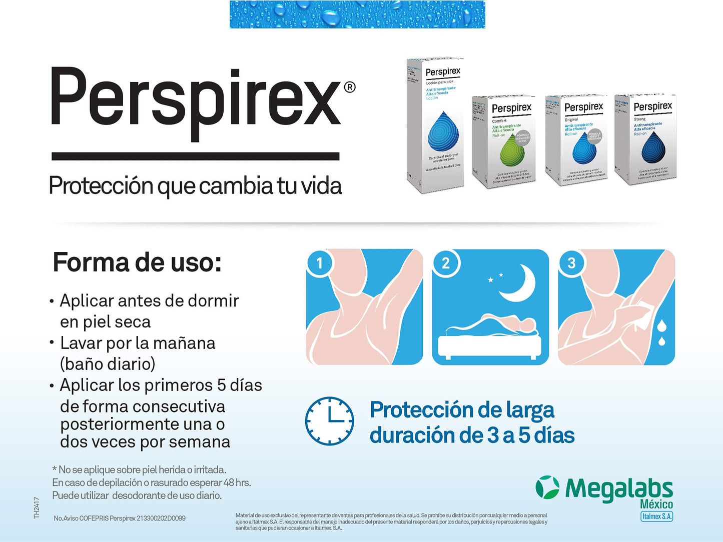Perspirex Locion antitranspirante personal | para control de sudoración en manos y pies | clínicamente probado | 120 HORAS o 5 DIAS de proteccion | aplicar 2 veces por semana | con 100ml