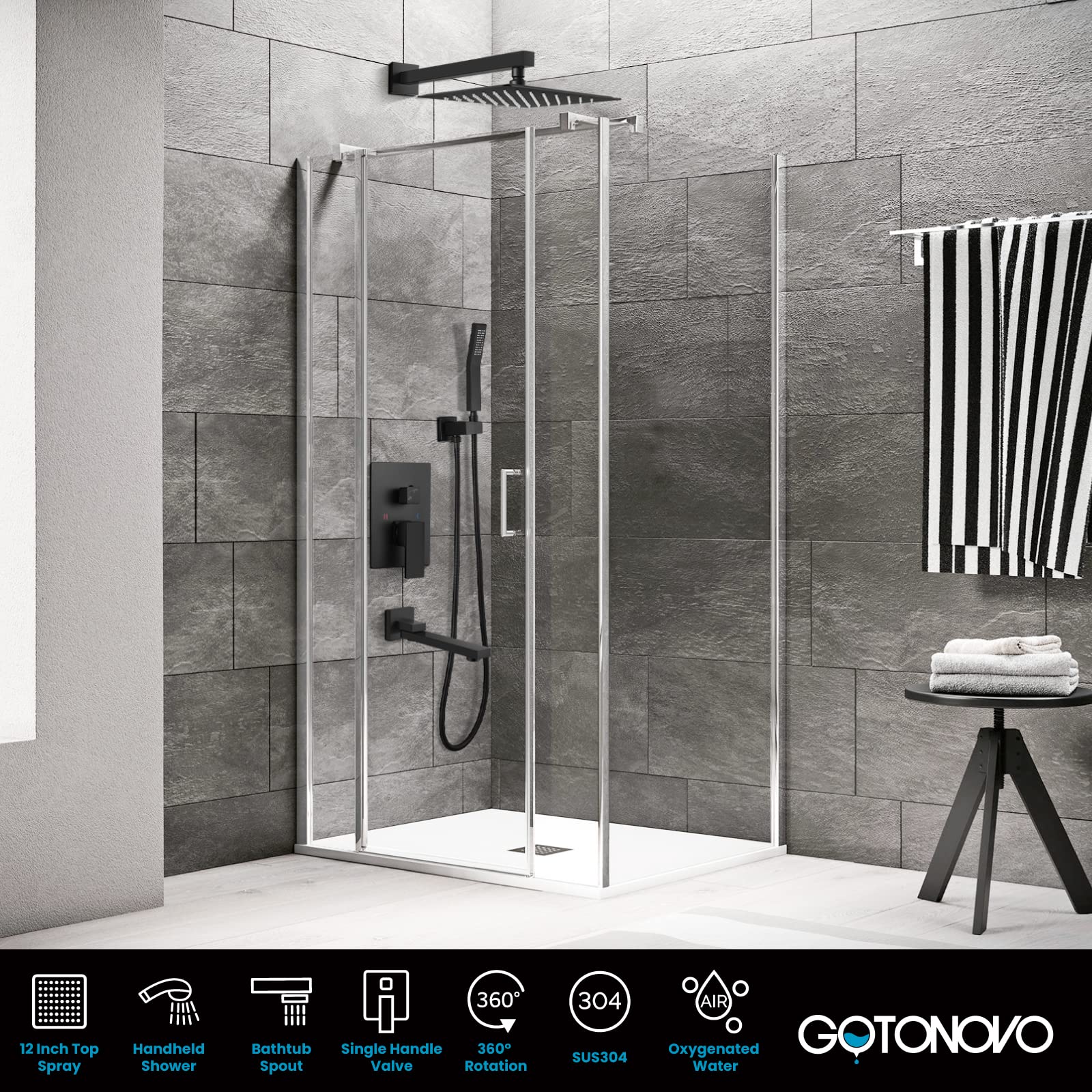 gotonovo Grifo de ducha negro mate para montaje en pared, sistema de ducha de baño de triple función, con boquilla de bañera cuadrada de alta presión, cabezal de ducha de lluvia de 12 pulgadas, válvula rugosa y moldura incluidos