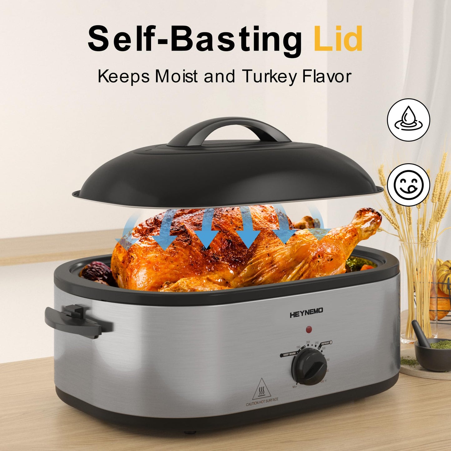 Horno tostador eléctrico de 22 cuartos de galón, tostador de pavo con diseño de tapa autohilado, gran horno eléctrico de acero inoxidable para pavos de hasta 26 libras